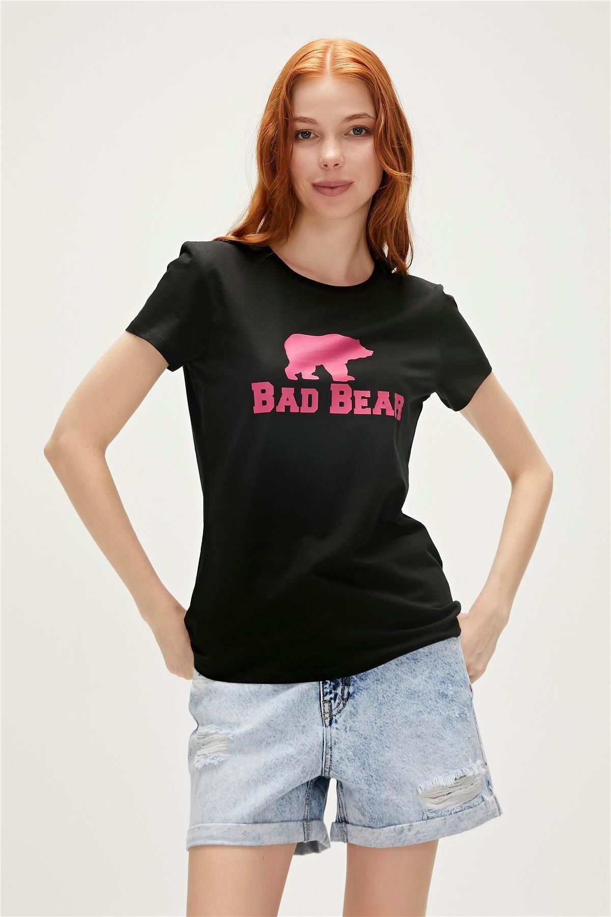 Bad Bear Logo Tee T-shirt Siyah Pembe Baskılı Kadın Tişört