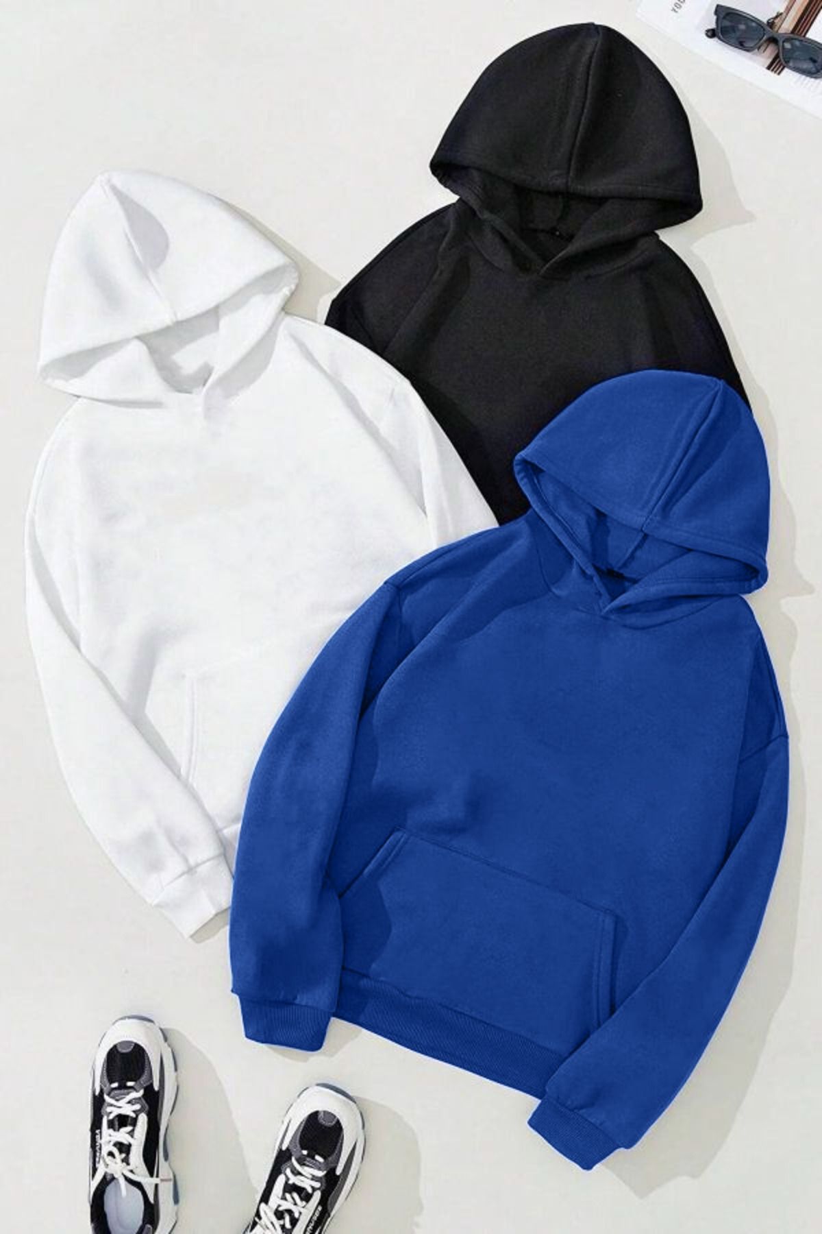 DUBU BUTİK 3'Lü Düz Basic Kalın Kışlık Sweatshirt - Siyah Beyaz Sax Mavi Oversize Kapüşonlu