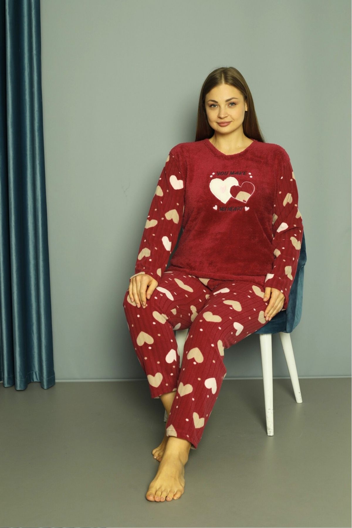 Farya Home X-Dreamy Büyük Beden Welsoft Polar Kalp Desenli Peluş Pijama Takımı