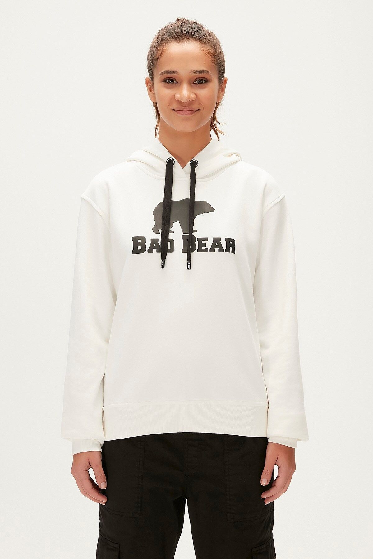 Bad Bear Logo Kapüşonlu Kadın Kırık Beyaz Sweatshirt