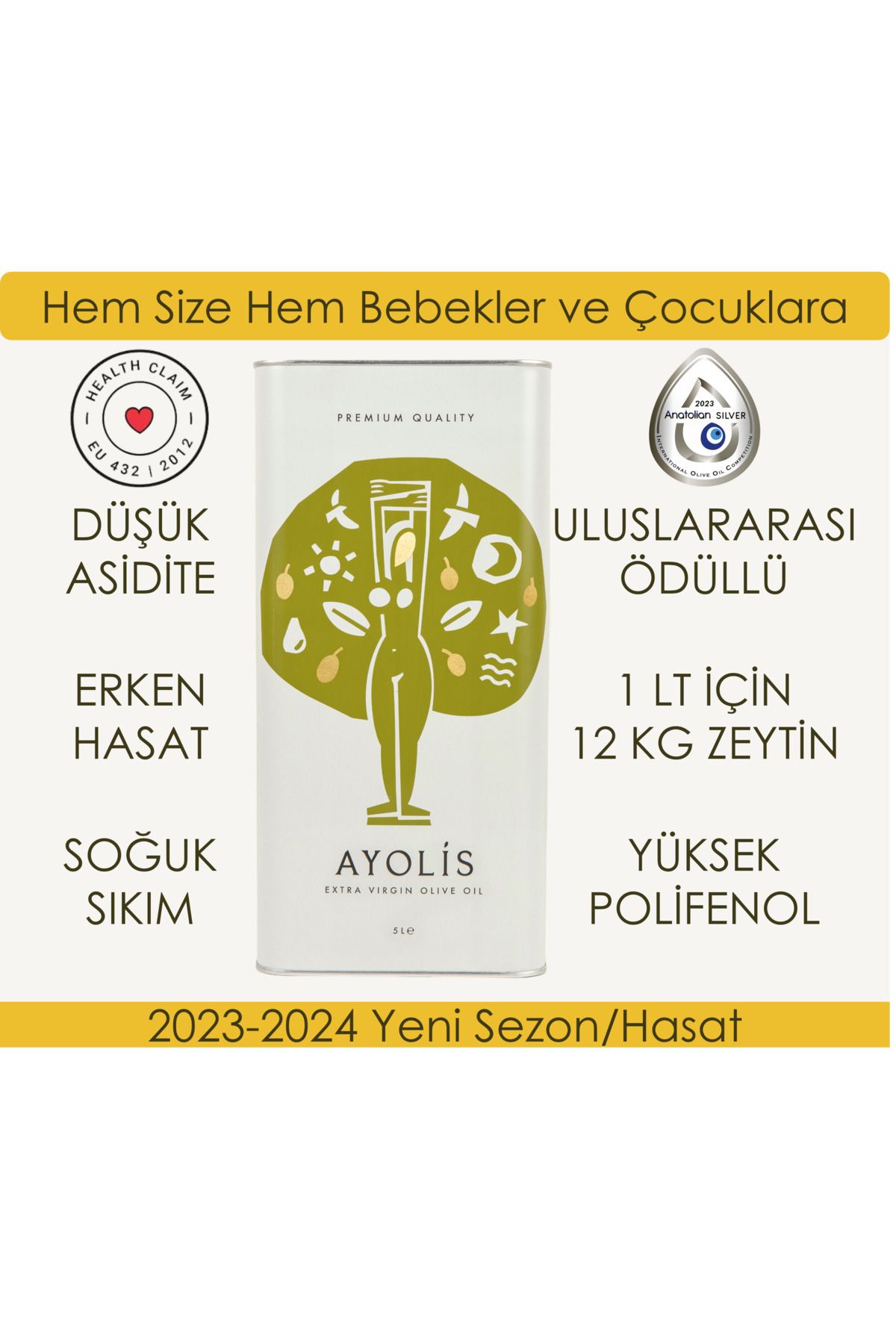 Ayolis Premium Ayvalık 5 Lt Ödüllü Erken Hasat Soğuk Sıkım Natürel Sızma Zeytinyağı 2023-2024