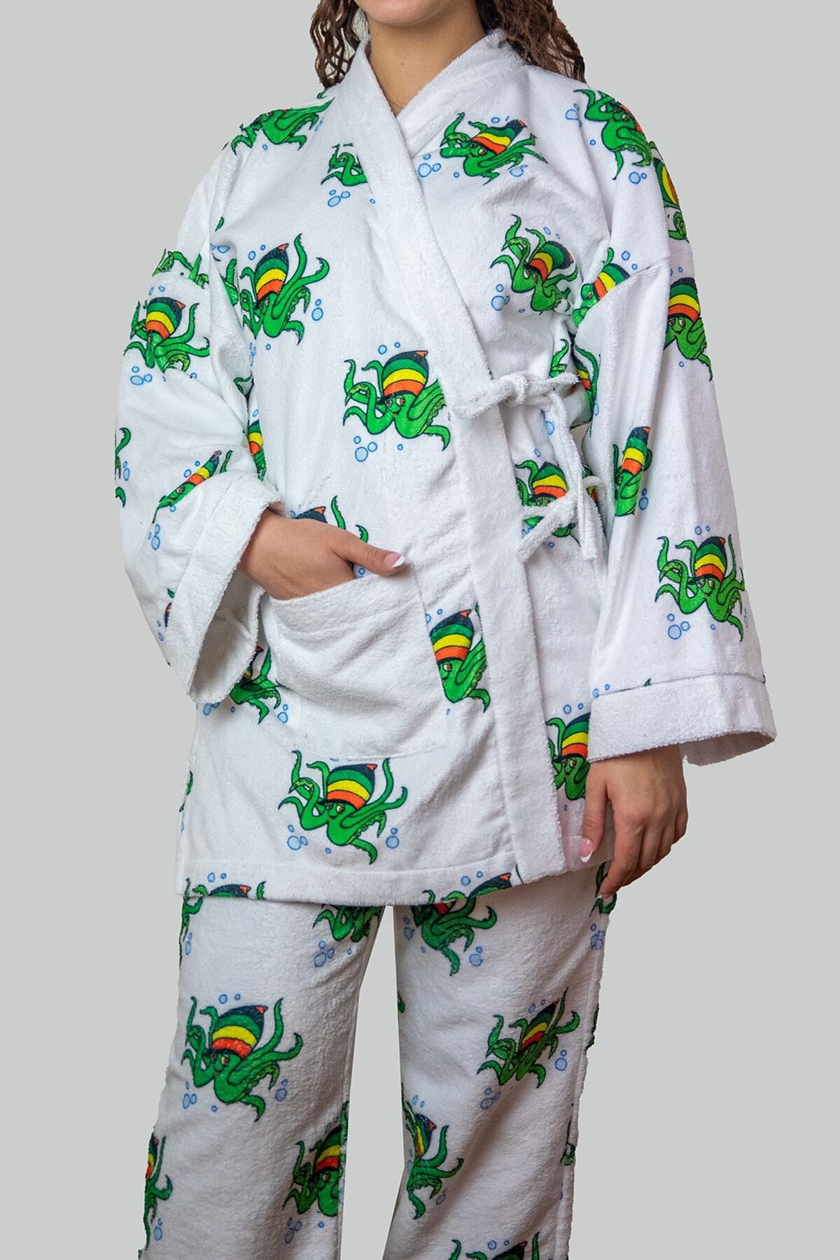 Bornox Ahtapot Desen Baskılı Pijamalı Havlu Bornoz Seti