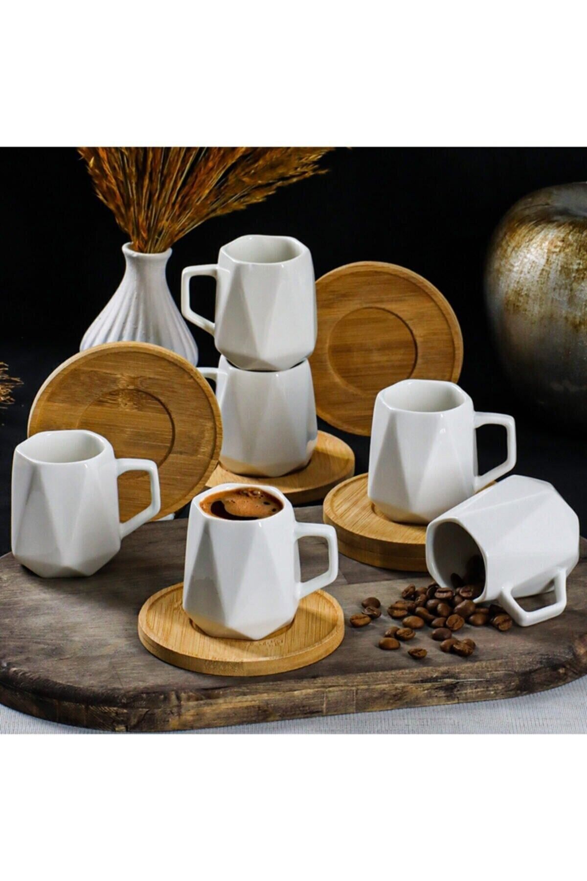 YzHome Beyaz Porselen Prizma 6 Kişilik Bambu Tabak Kahve Fincan Seti