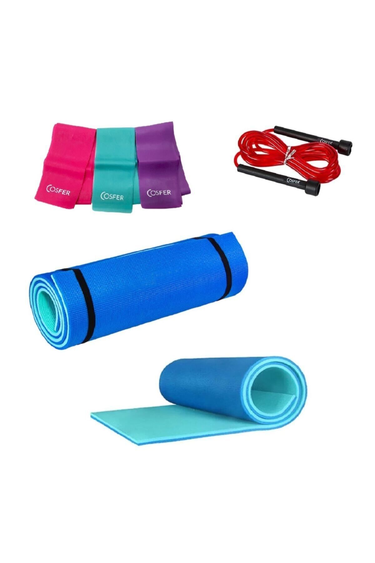 Cosfer 10 Mm Çift Renk Turkuaz-mavi Pilates Matı, Direnç Bandı Ve Atlama Ipi