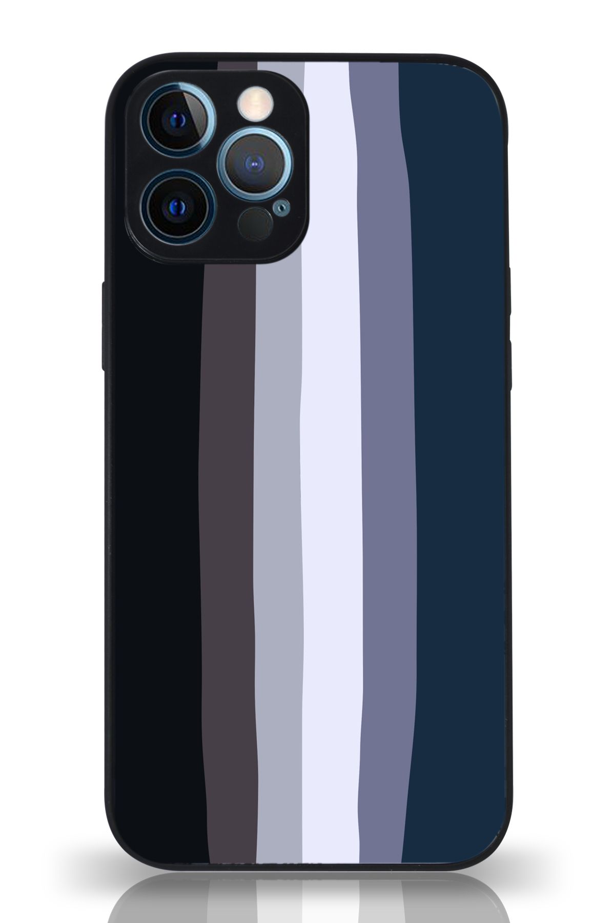 PrintiFy Apple iPhone 12 Pro Max Kamera Korumalı Mavi Gökkuşağı Desenli Cam Kapak Siyah