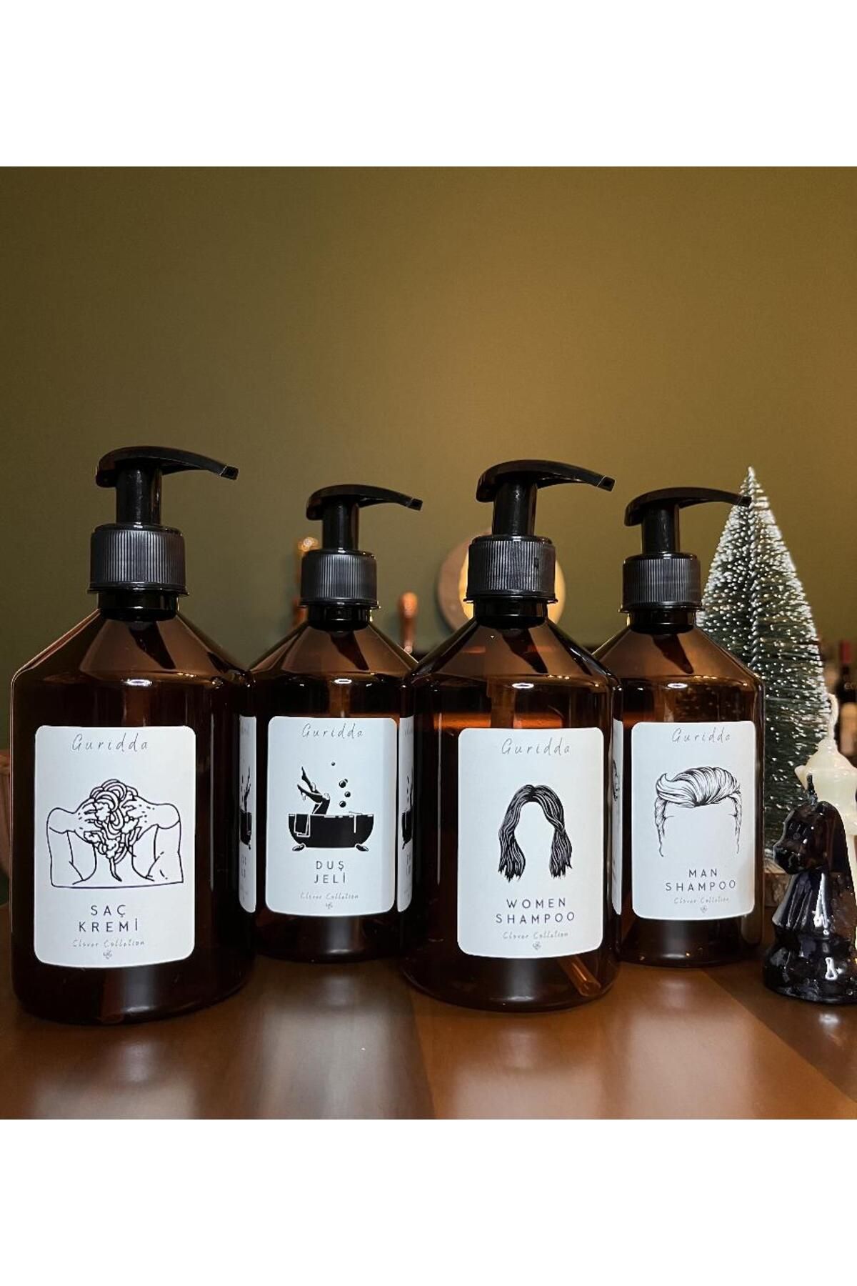 Guridda Home Design Erkek Şampuan Kadın Şampuan Duş Jeli Saç Kremi Etiketli Plastik Amber Şişe 500ml