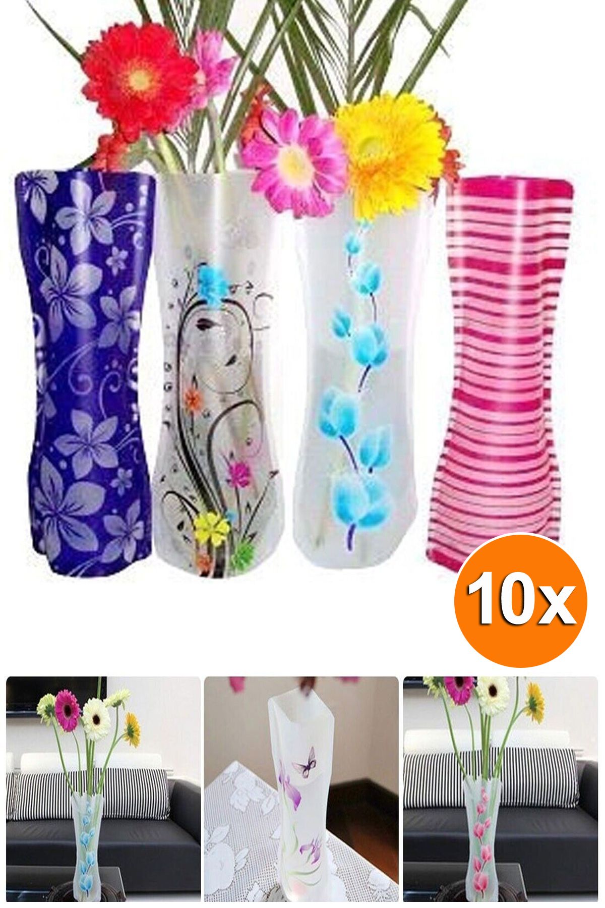 Bundeba 10 Adet Dekoratif Katlanabilir Plastik Vazo Çiçeklik Şeffaf Pvc Katlanır Kırılmaz Vazo Saksı Stand