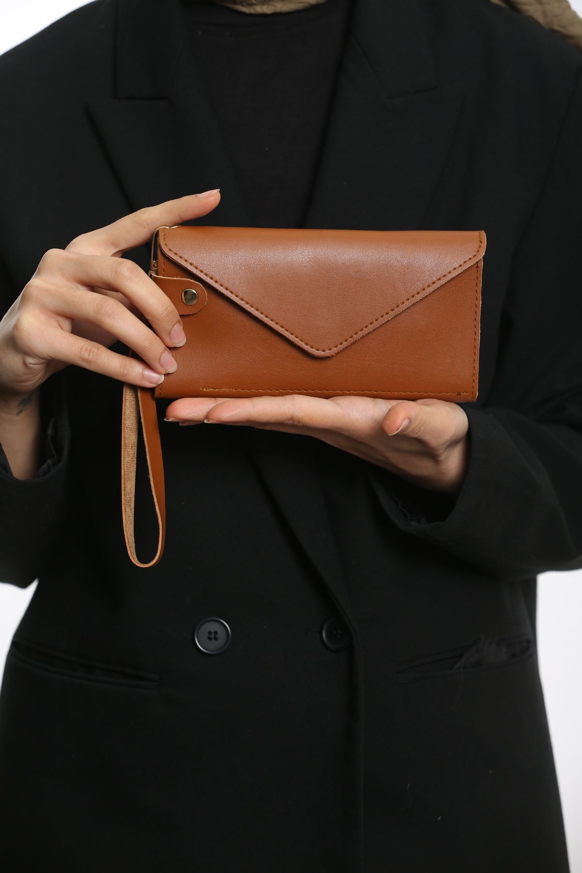 Blatoune Polo Envelope Telefon Ve Bozuk Para Bölmeli Zarf Model Zarif Kahverengi Kadın Cüzdan El Çantası