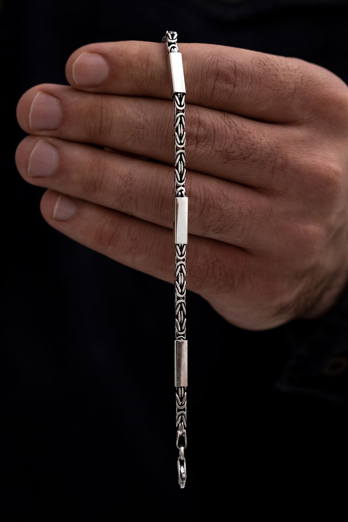 OSMANLI GÜMÜŞ Kare Parçalı Erkek Kral Gümüş Bileklik Künye 2,8mm Orta Kalınlıkta