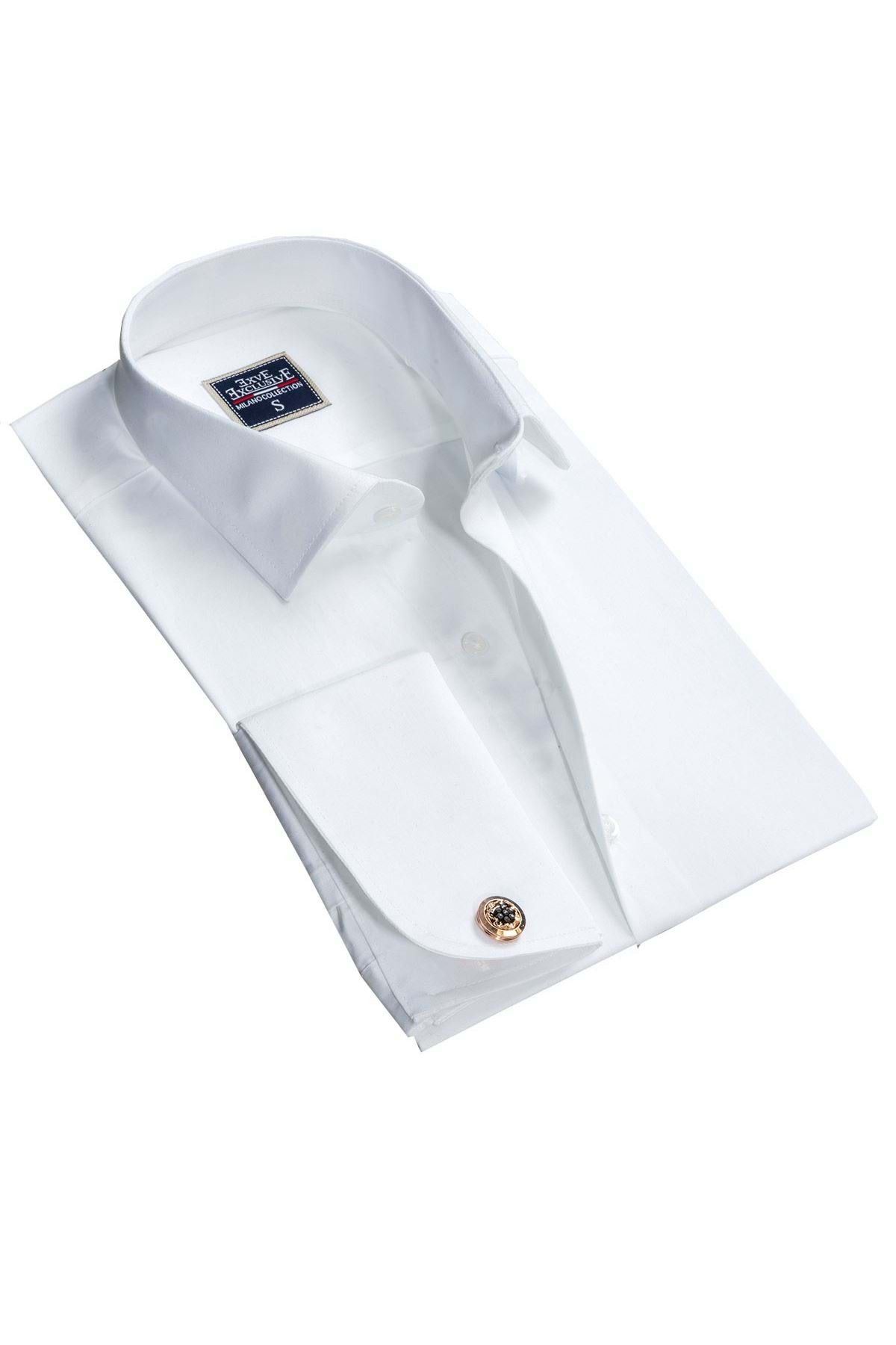 Exve Exclusive Beyaz Düz Renk Sade Klasik Fransız Duble Manşet Kol Düğmeli Gömlek