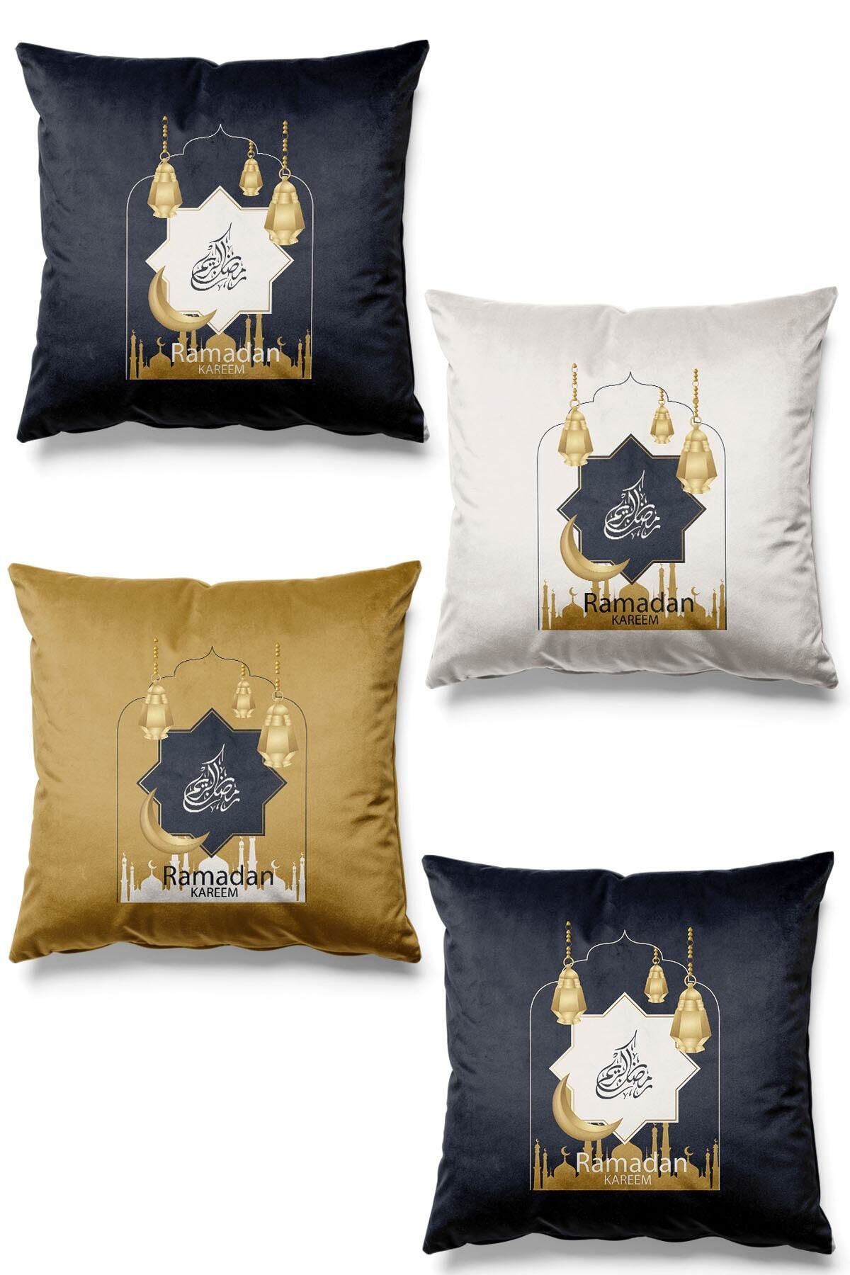 Pilloveland Çift Tarafı Baskılı Ramazan Golden Desenli 4'lü Set Süet Kırlent Kılıfı Ramadan Kareem