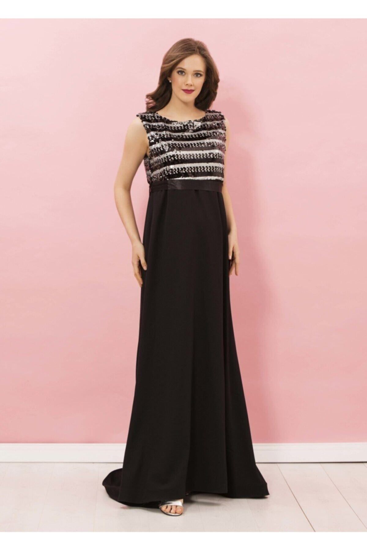 Even Fashion Hamile Giyim Kadın Siyah Payetli Uzun Abiye Hamile Elbise