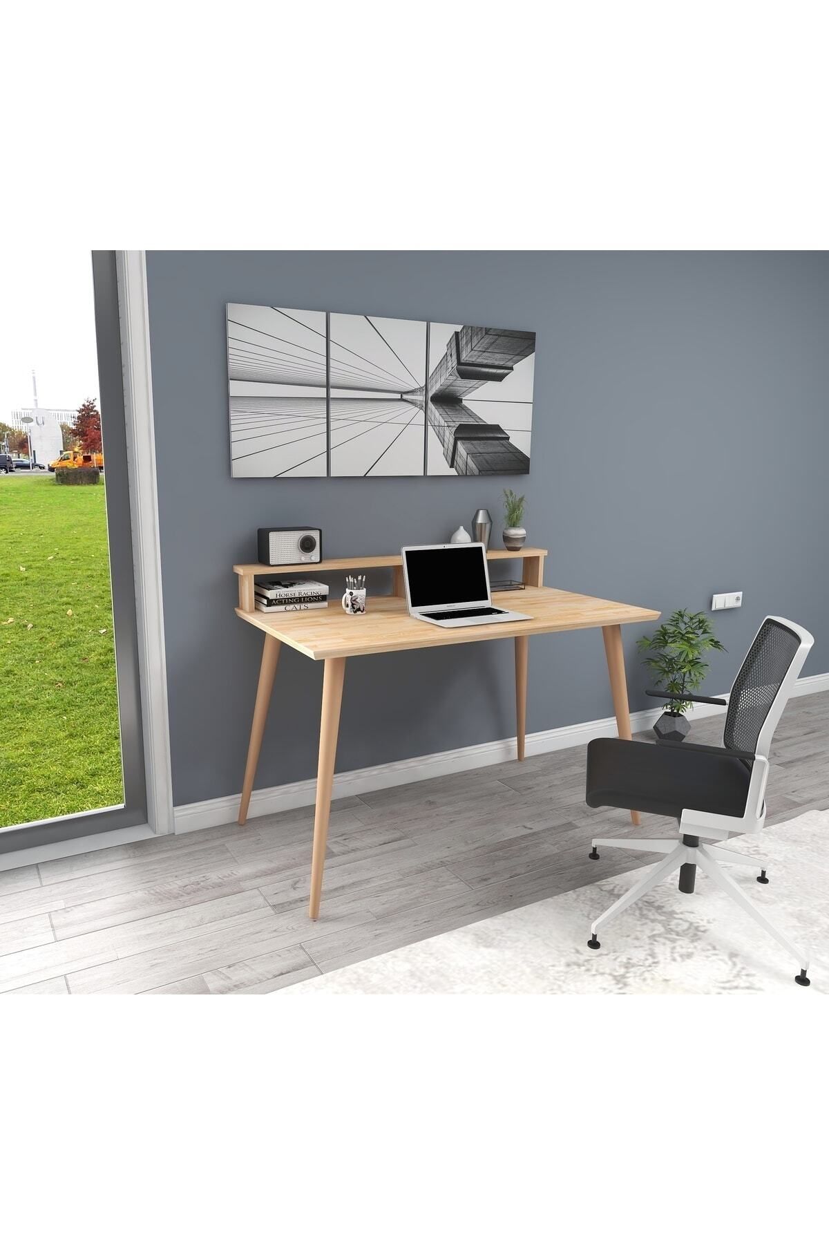 WOODFACE Kelly Masif Ofis Çalışma Masası 110x60 Doğal Ahşap Tek Raflı Ağaç Ayak