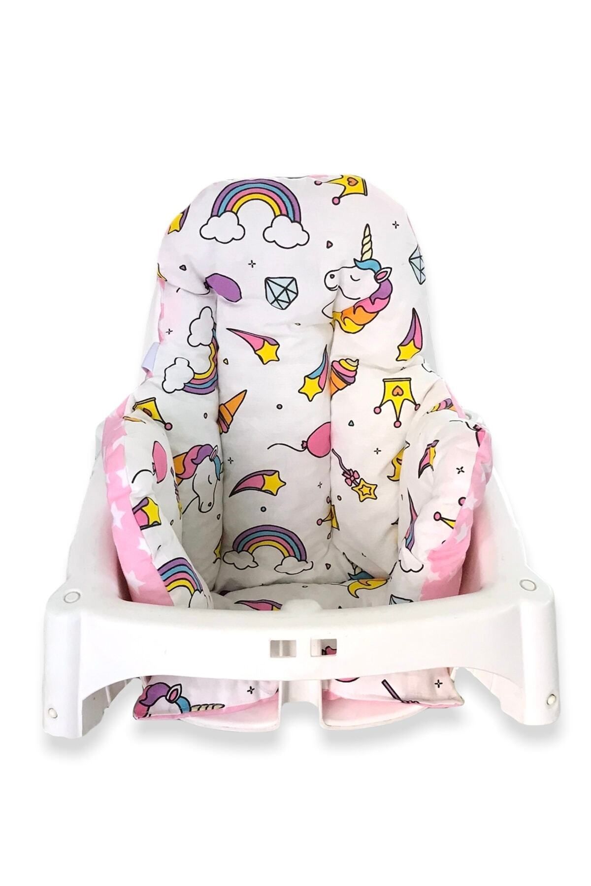Babynia Pamuk Bebek Çocuk Mama Sandalyesi Minderi Beyaz Pembe Unicorn Yıldızlı