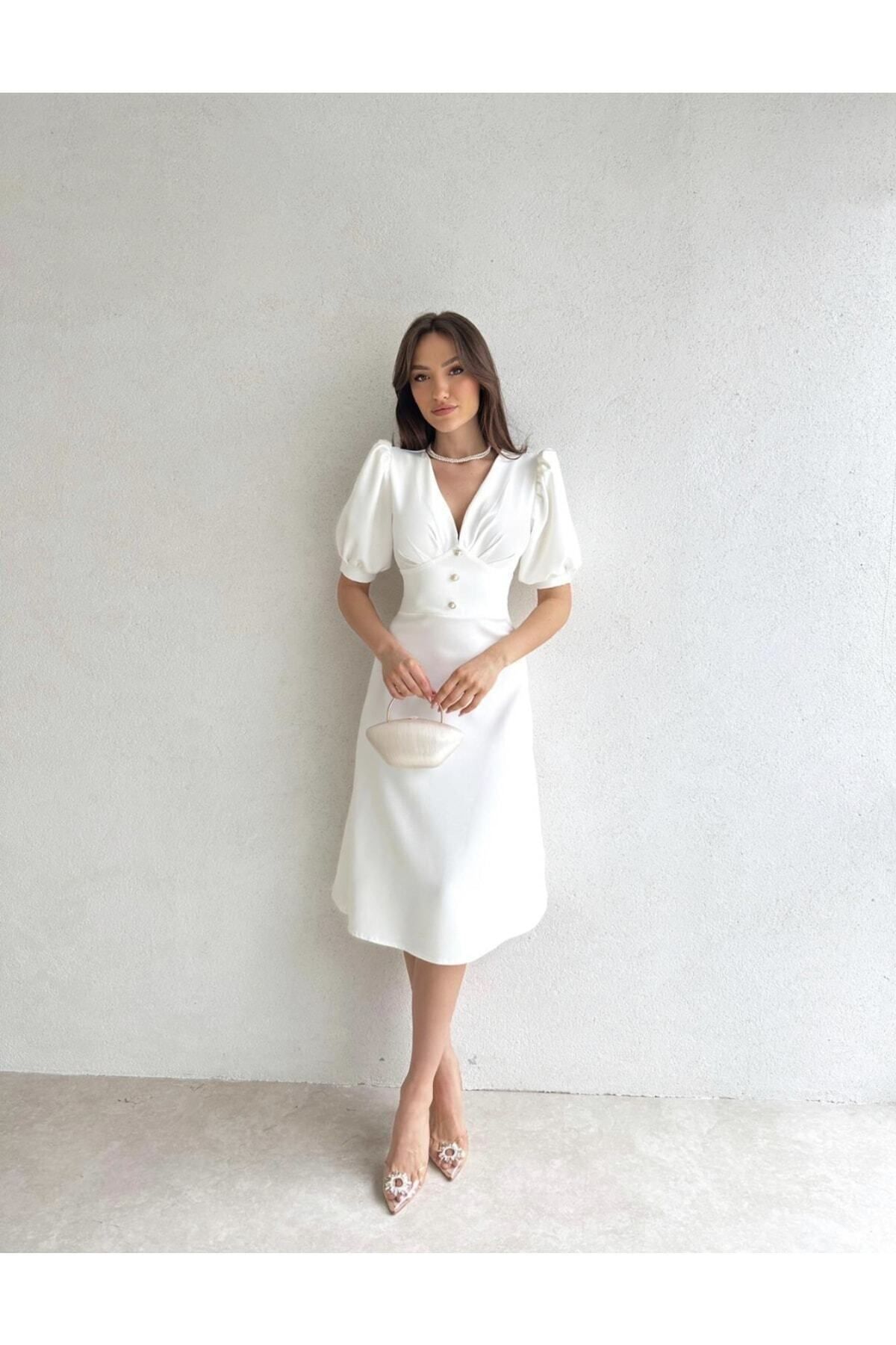 Afiş Butik Beyaz Inci Düğme Detaylı Yarım Kol Midi Elbise