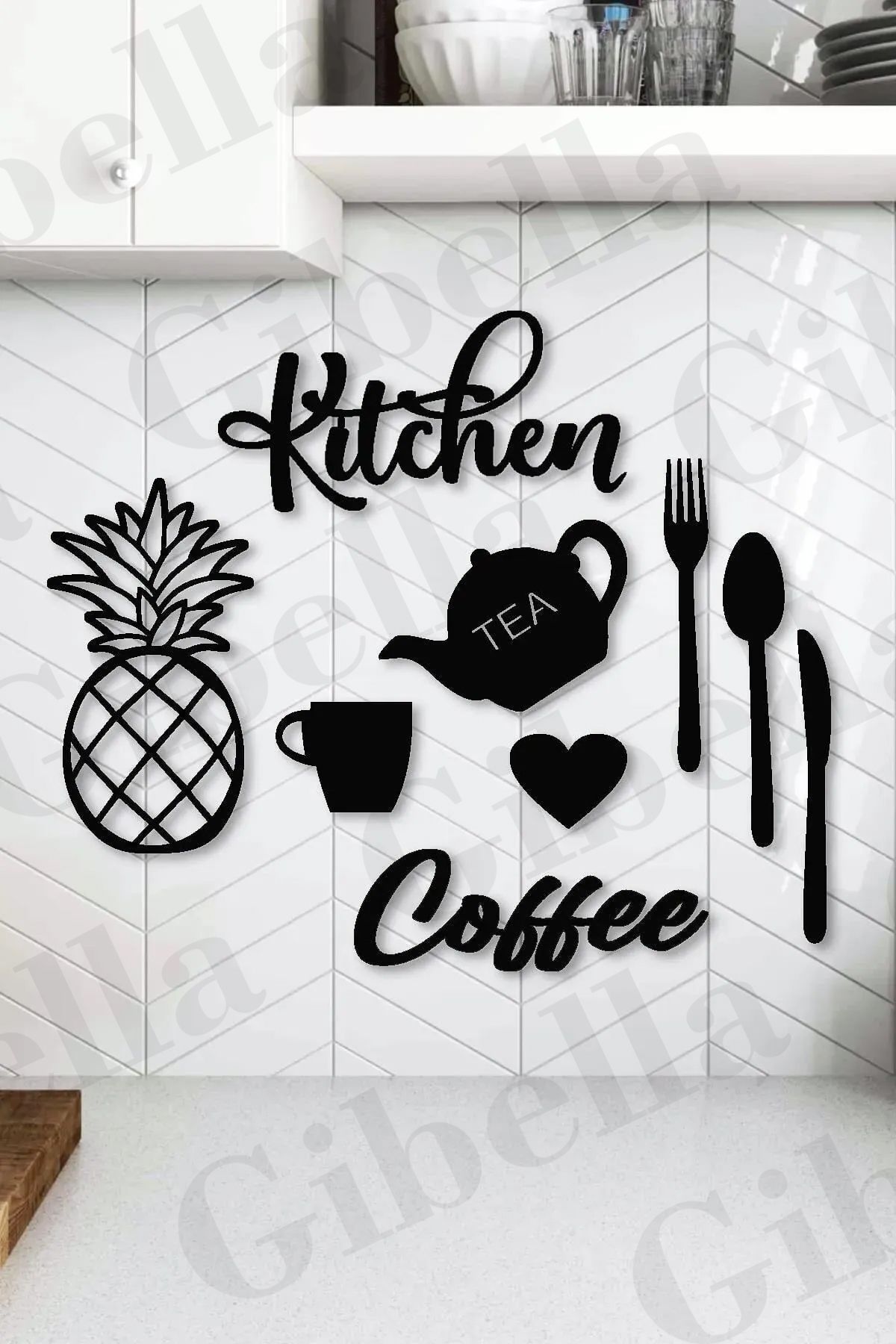 Gibella Kitchen Mutfak Kahve Köşesi Ananas 9 Parça Lazer Kesim Ahşap Duvar Dekorasyon Ürünü Duvar Süsü Tablo
