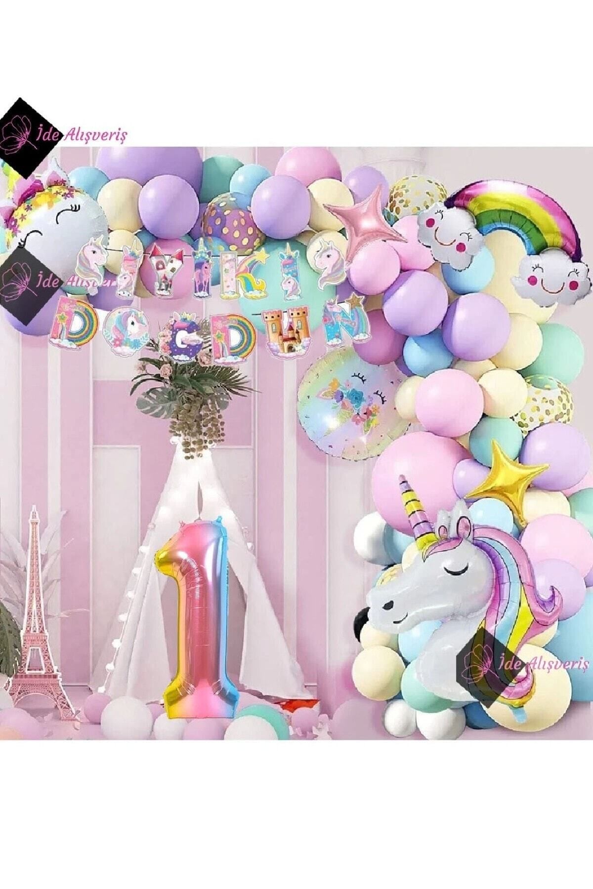 Bkmc 1 Yaş Karakterli Unicorn Temalı Iyi Ki Doğdun Makaron Balon Doğum Günü Parti Kutlama Seti