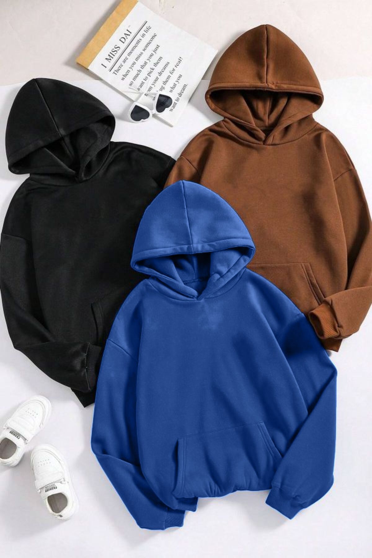 DUBU BUTİK 3'Lü Düz Basic Kalın Kışlık Sweatshirt - Siyah Kahverengi Sax Mavi Oversize Kapüşonlu