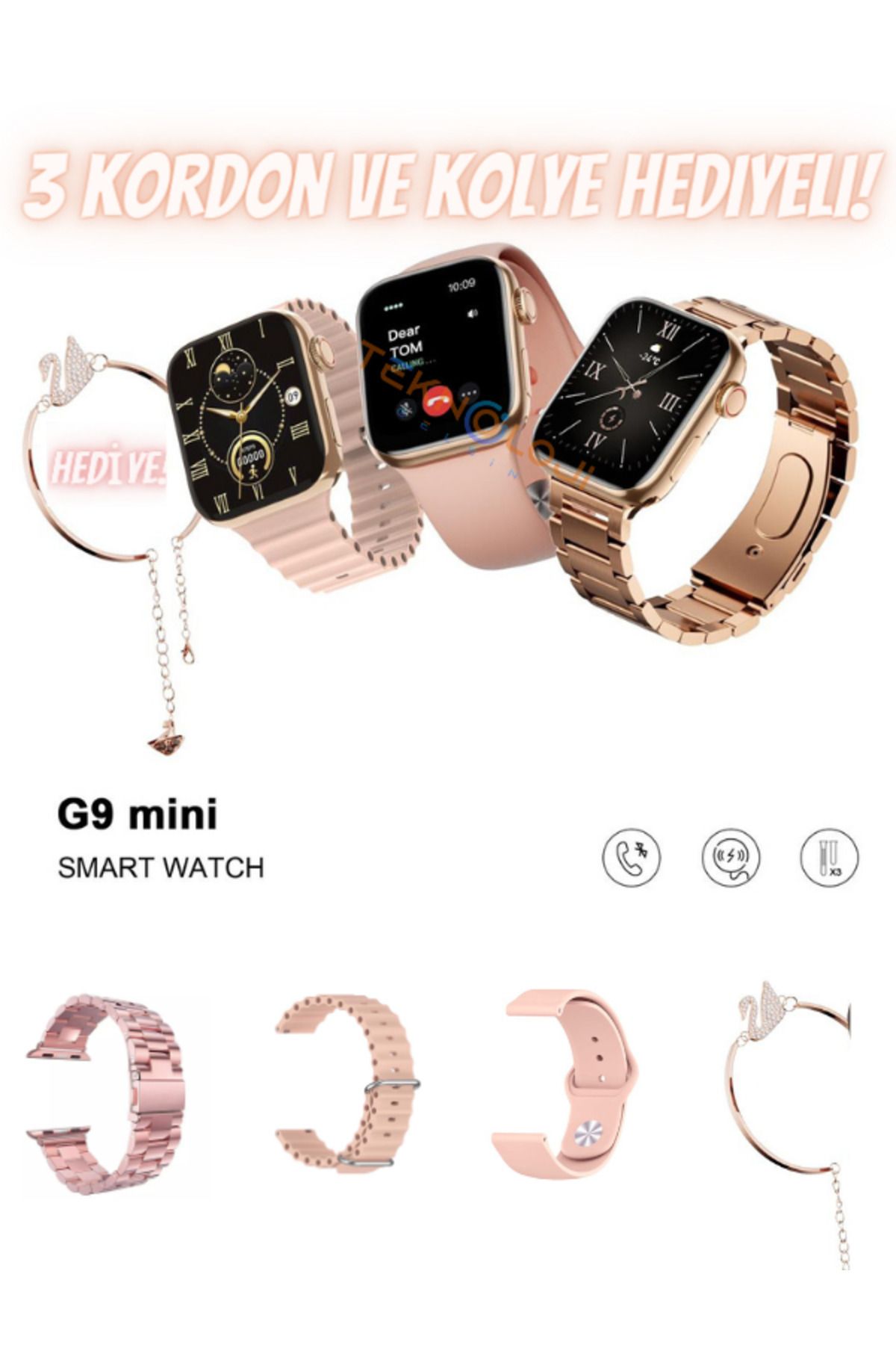 Teknoloji Gelsin Kadın Akıllı Saat Smart Watch G9 Mini Flamingo Kolye Hediyeli Ios ve Android Uyumlu 38mm 2.2inç