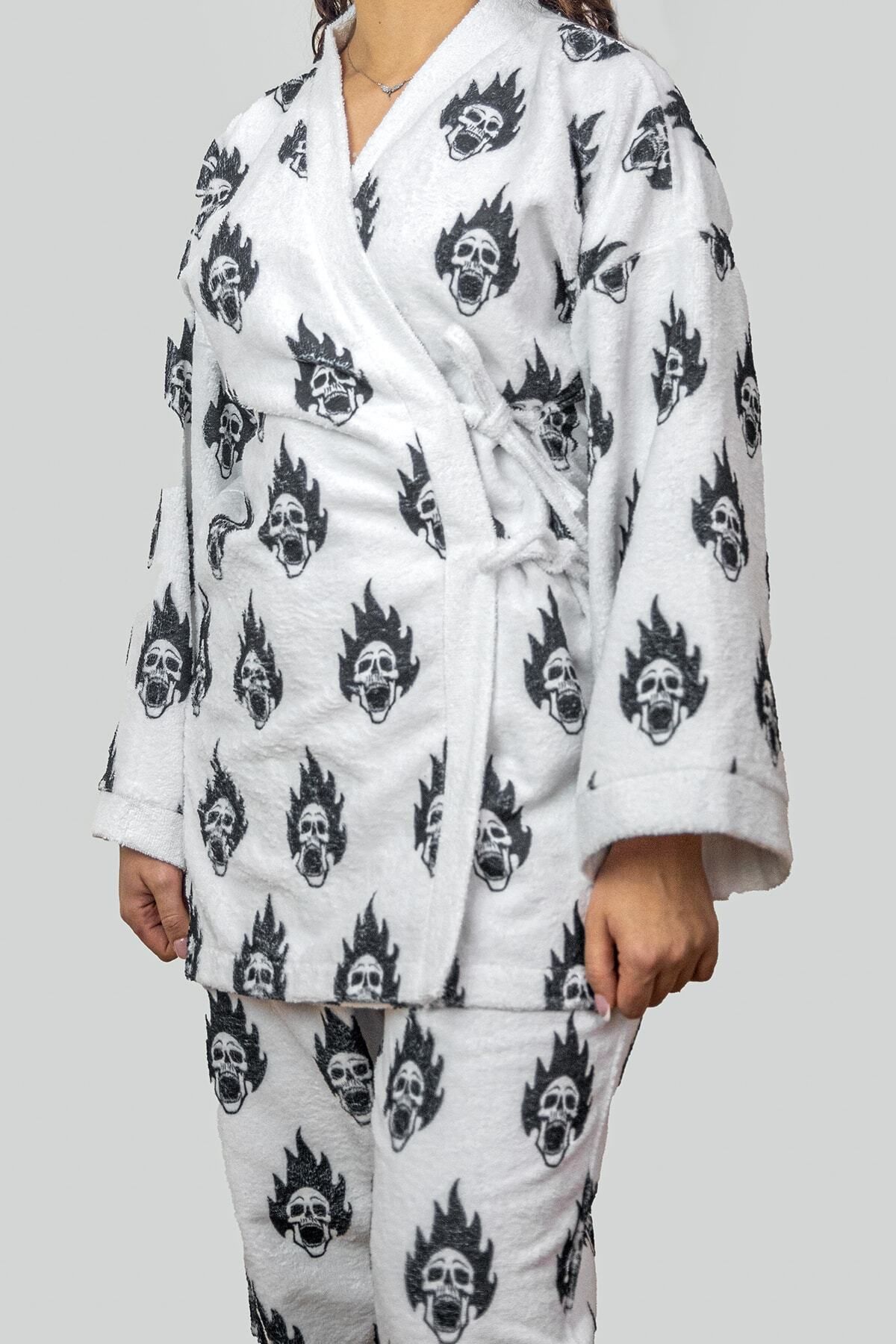 Bornox Kuru Kafa Desen Baskılı Pijamalı Havlu Bornoz Seti