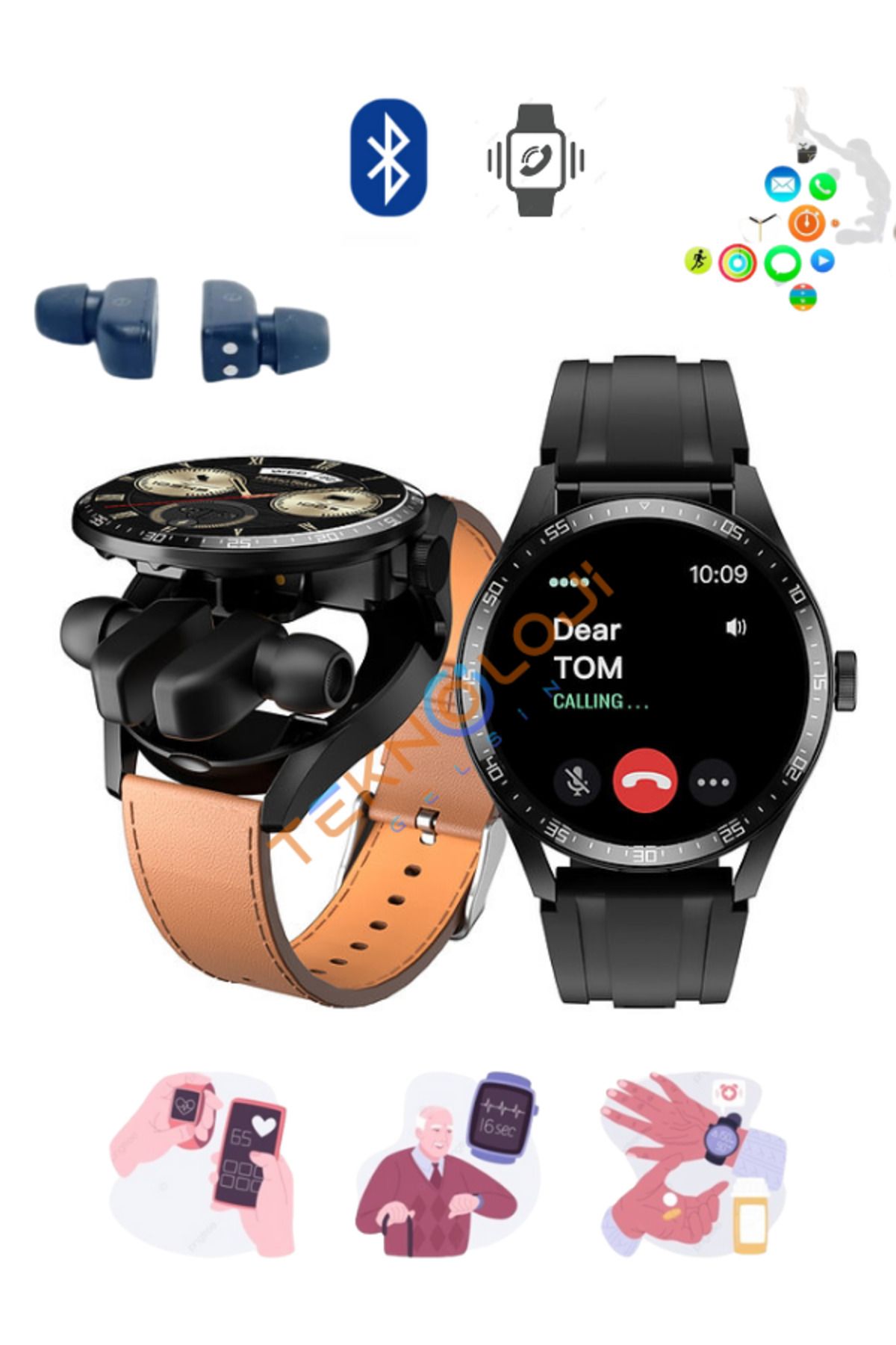 Teknoloji Gelsin 2in1 Akıllı Saat ve Kablosuz Kulaklık Bluetooth Smart Watch Amoled Ekran Çift Kordonlu Büyük Ekran