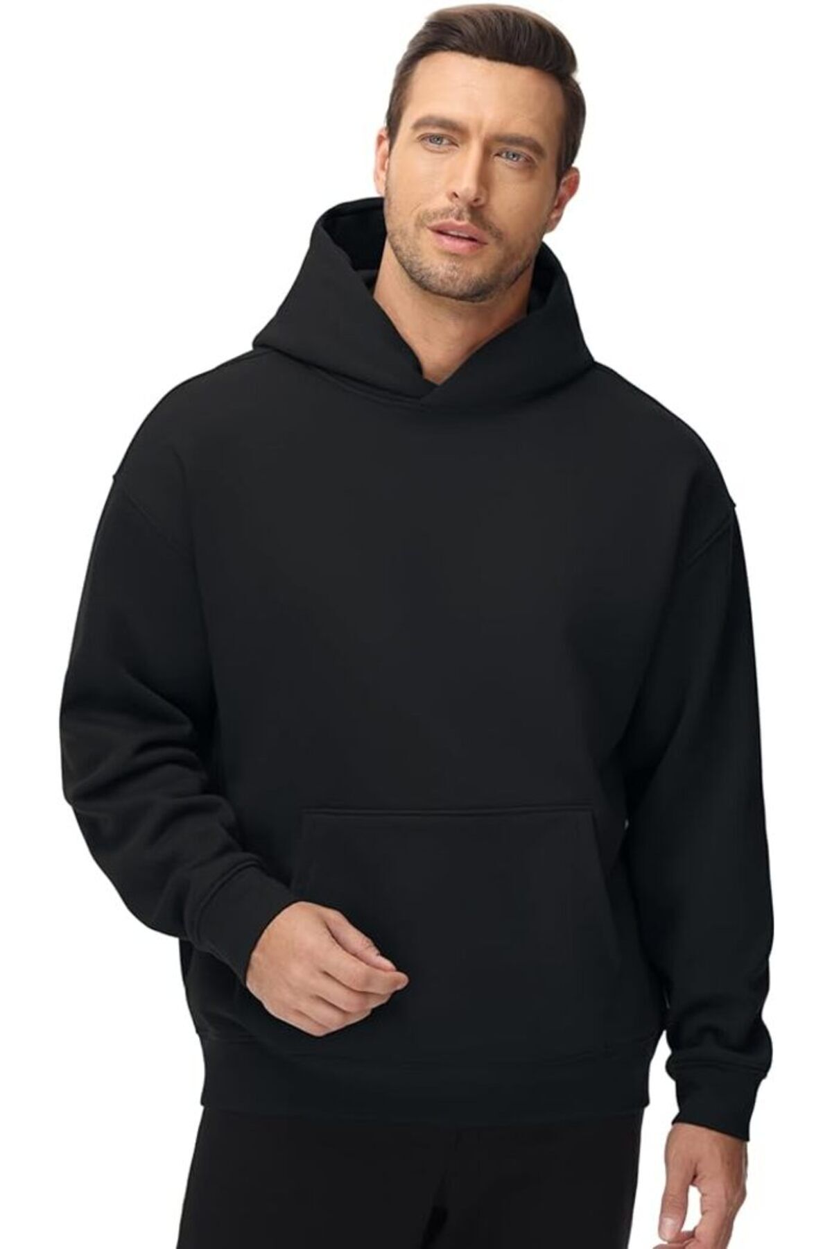 Da Vinci Erkek Siyah Oversize Basic Kapüşonlu Hoodie/Sweatshirt 3 İplik Şardonlu Extra Bol Kalıp