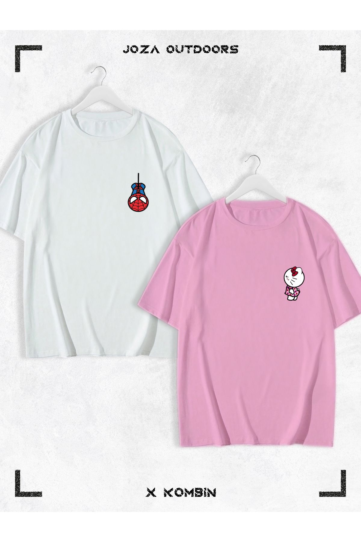 Joza Outdoors Kadın Erkek Unisex Hello Kitty Spiderman Sevgili Çift Kombini Oversize Renkli Tshirt 2'li Takım