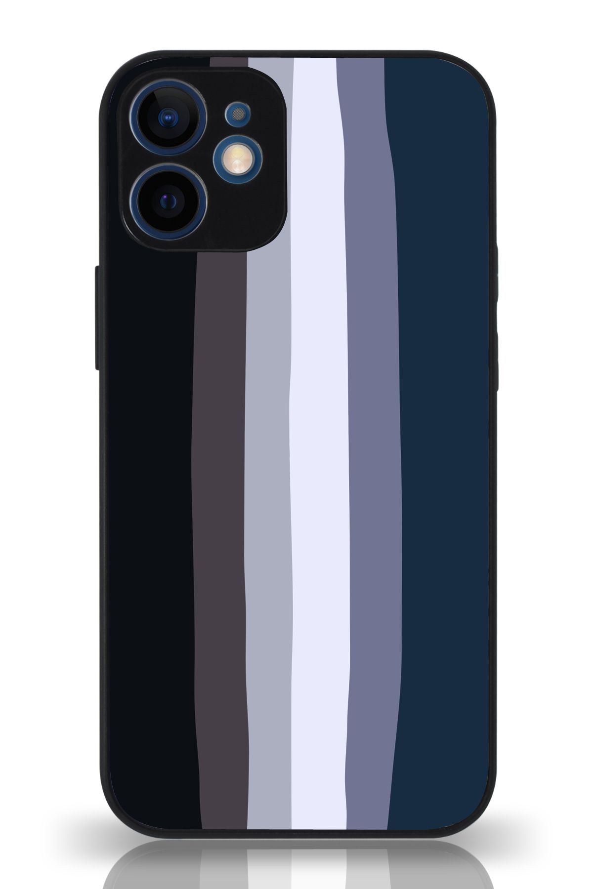 PrintiFy Apple iPhone 12 Mini Kamera Korumalı Mavi Gökkuşağı Desenli Cam Kapak Siyah