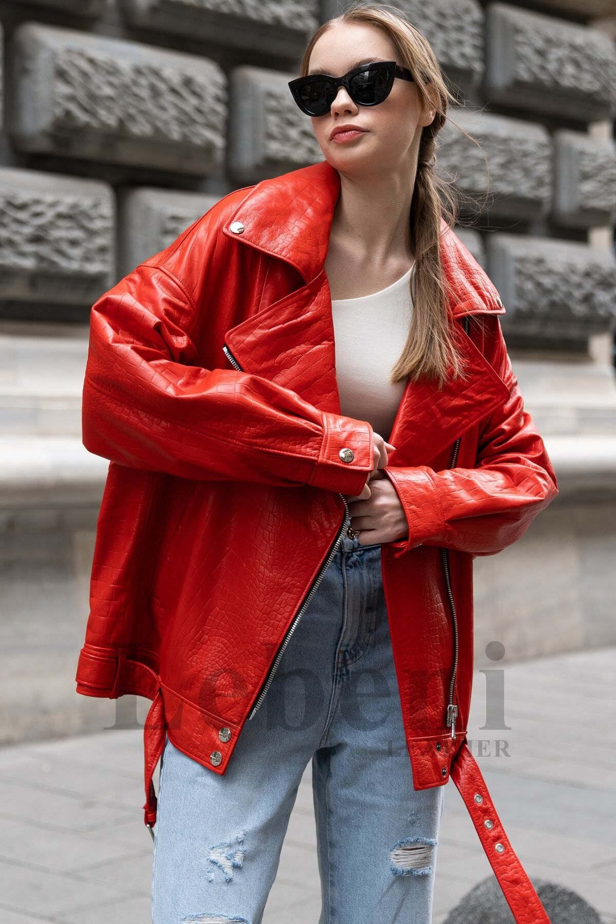 Lebeni Deri Ceket Kadın Oversize Kırmızı Timsah Baskılı Uzun Biker Gerçek Hakiki Kuzu Derisi Mont Kaban