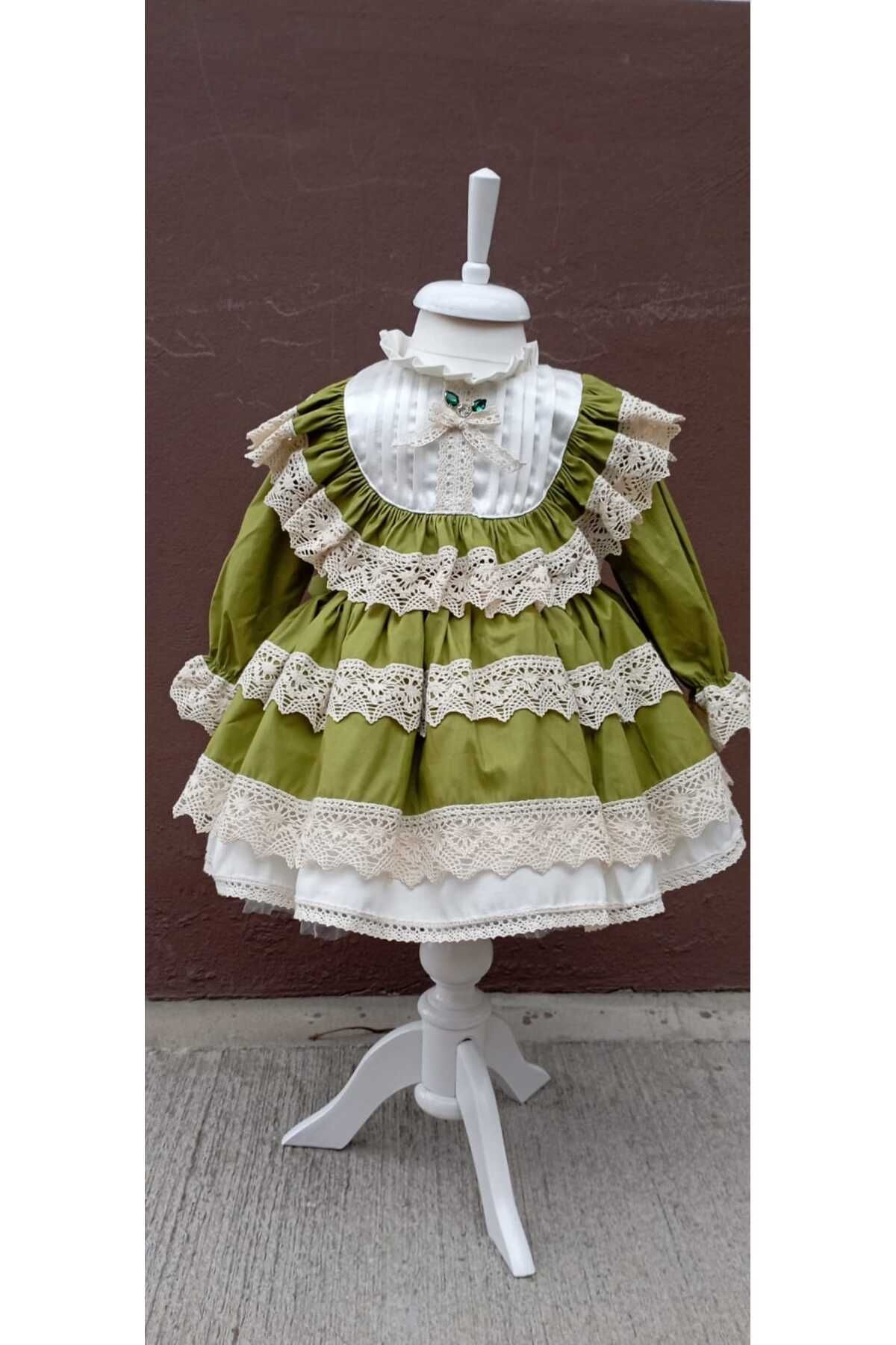 Sare Çocuk Giyim Antialerjik Yeşil Pamuk Kumaş Özel Tasarım Kız Bebek Dantel Parti Elbisesi