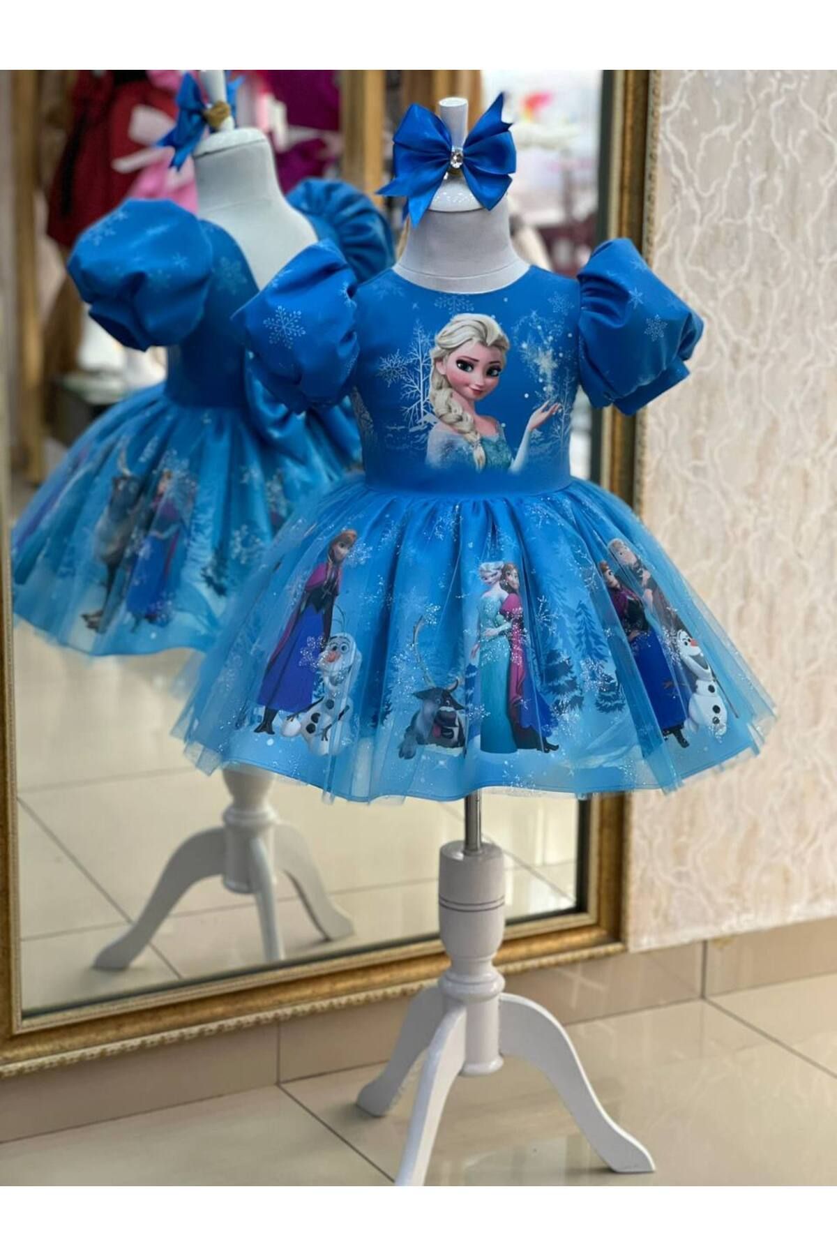 Sare Çocuk Giyim Elsa Mavi Balon Kol Çocuk Abiye Elbise