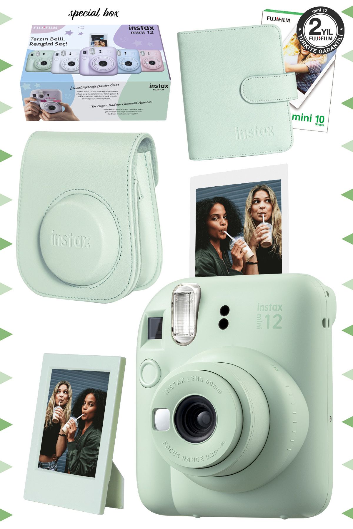 Fujifilm Instax mini 12 Yeşil Fotoğraf Makinesi-10'lu Film-Çerçeve-Kare Albüm ve Deri Kılıf Seti