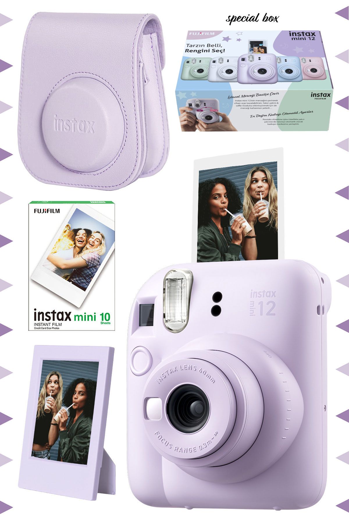 Fujifilm Instax mini 12 Lila Fotoğraf Makinesi-10'lu Film-Çerçeve ve Deri Kılıf Seti