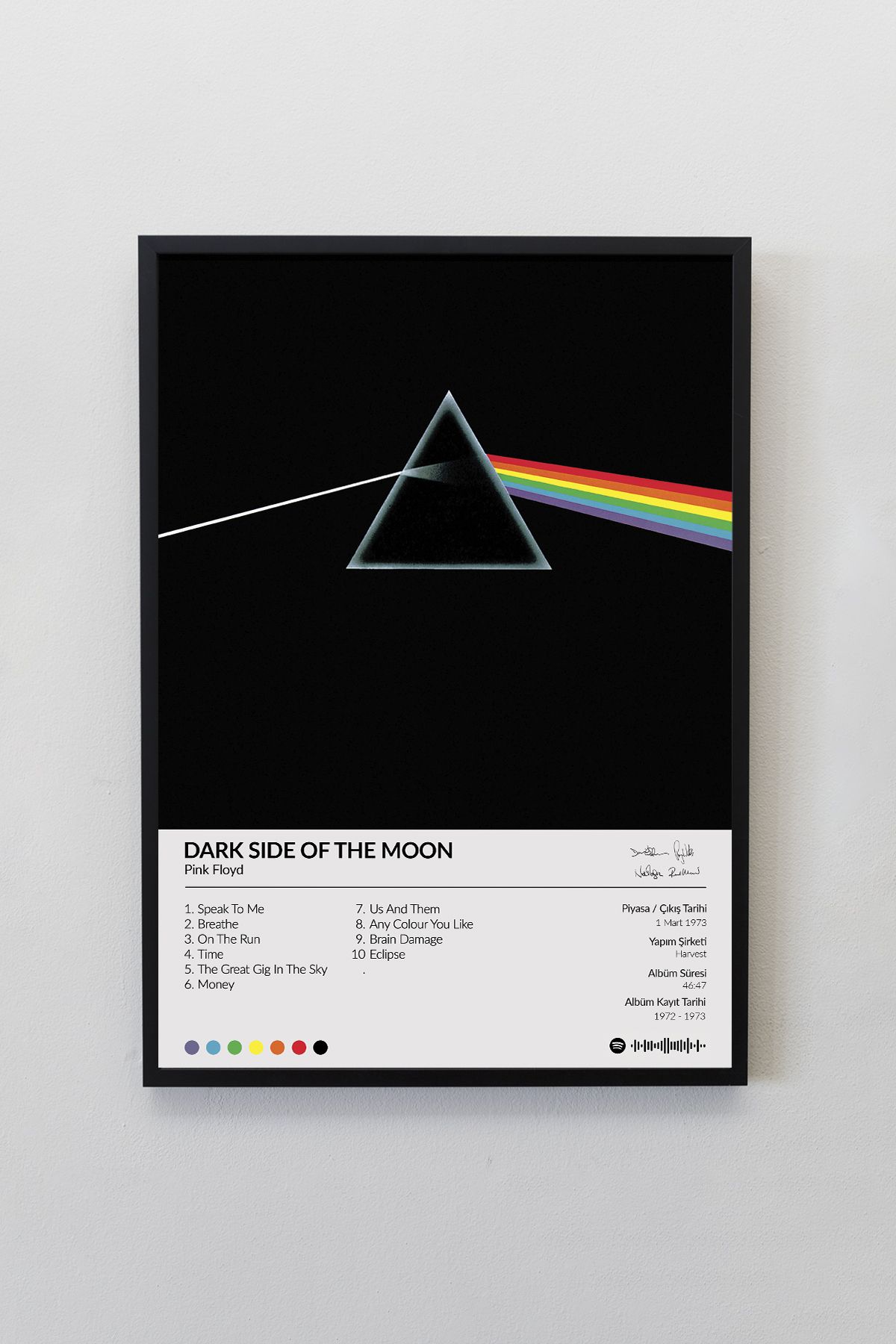 House Gorgeous Pink Floyd Dark Side Of The Moon Albümü Siyah Çerçeveli Spotify Barkodlu Albüm Tablo