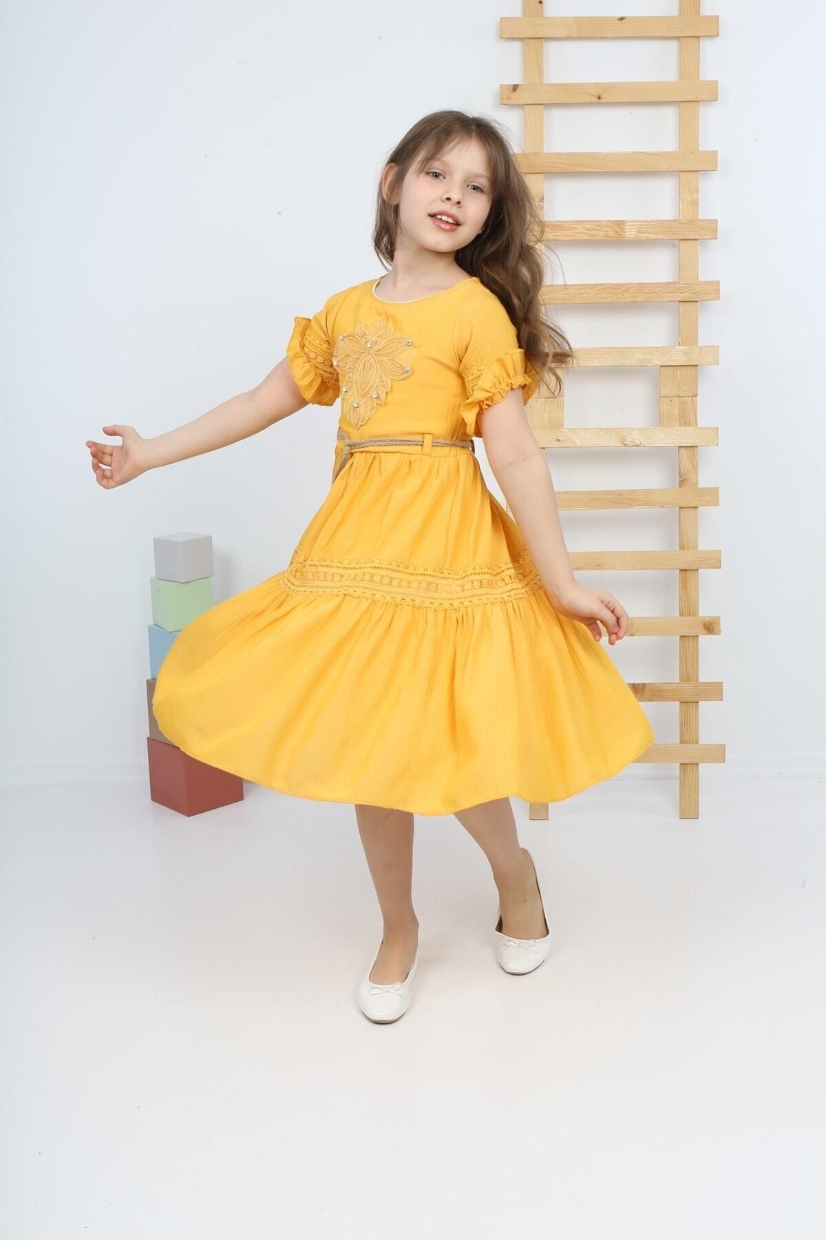 şımarık kids Kız Çocuk Sarı Kol Etek Dantelli Elbise