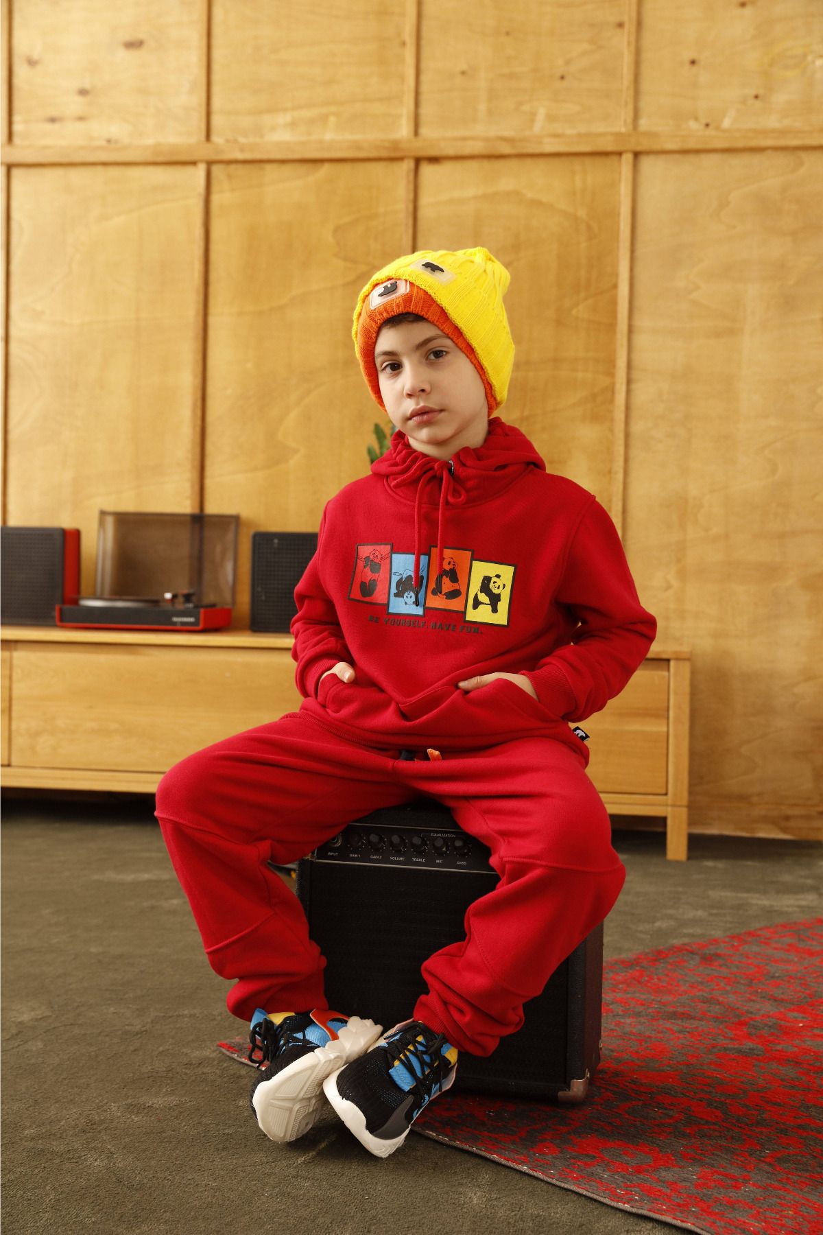 Bad Bear Fun Crewneck Kids Crimson-Red Kırmızı Kapüşonlu Baskılı Çocuk Sweatshirt