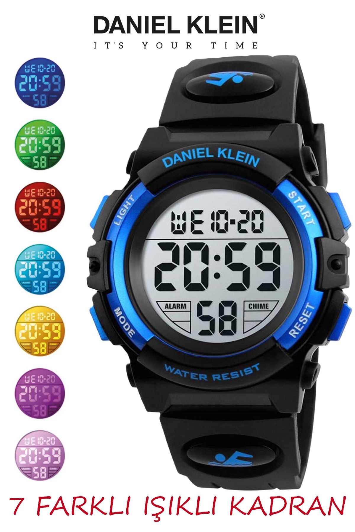 Daniel Klein  8-12 Yaş için Alarm ve Kronometre Özellikli, 7 Farklı Işıklı Mavi Siyah Çocuk Kol Saati