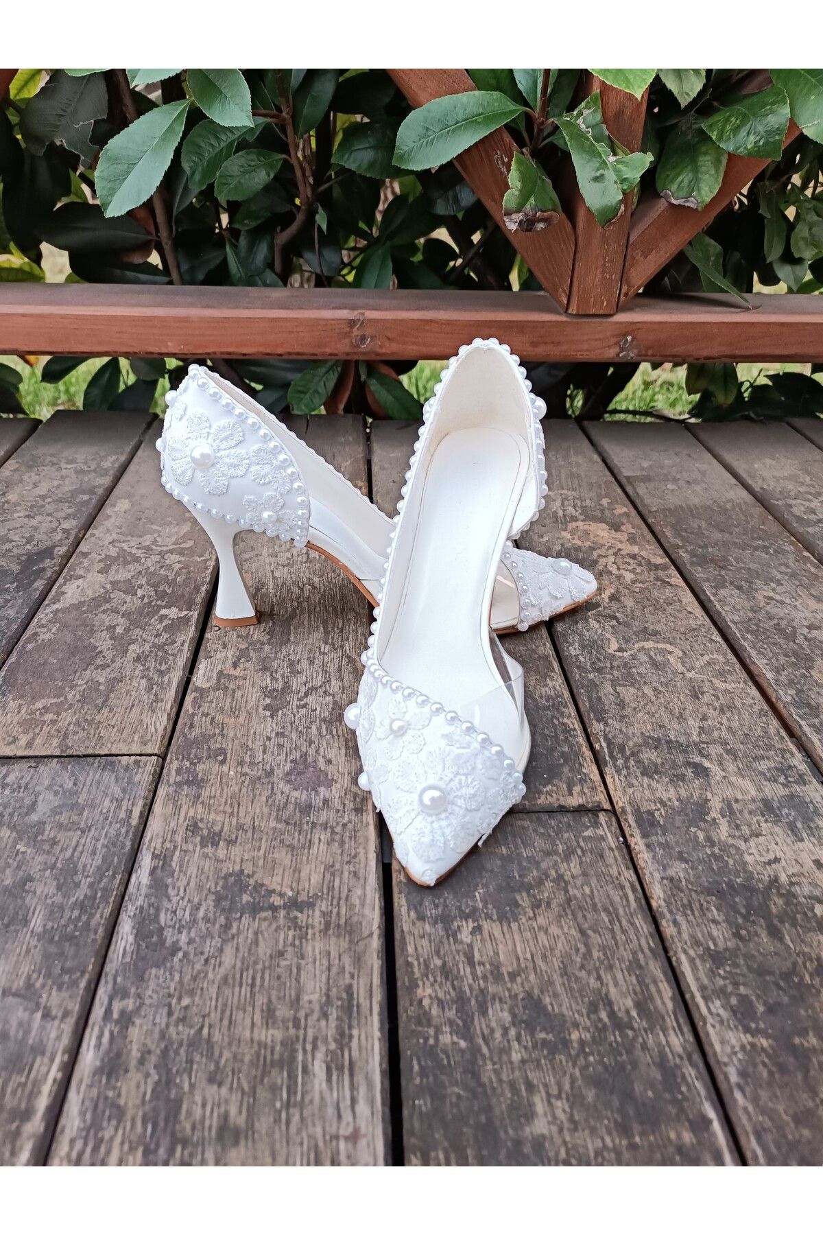 Sunshıne shoes Kadın Beyaz İnci Dantel İşlemeli Şeffaf Stiletto Topuklu Abiye Gelin Ayakkabısı Nişan Düğün Davet