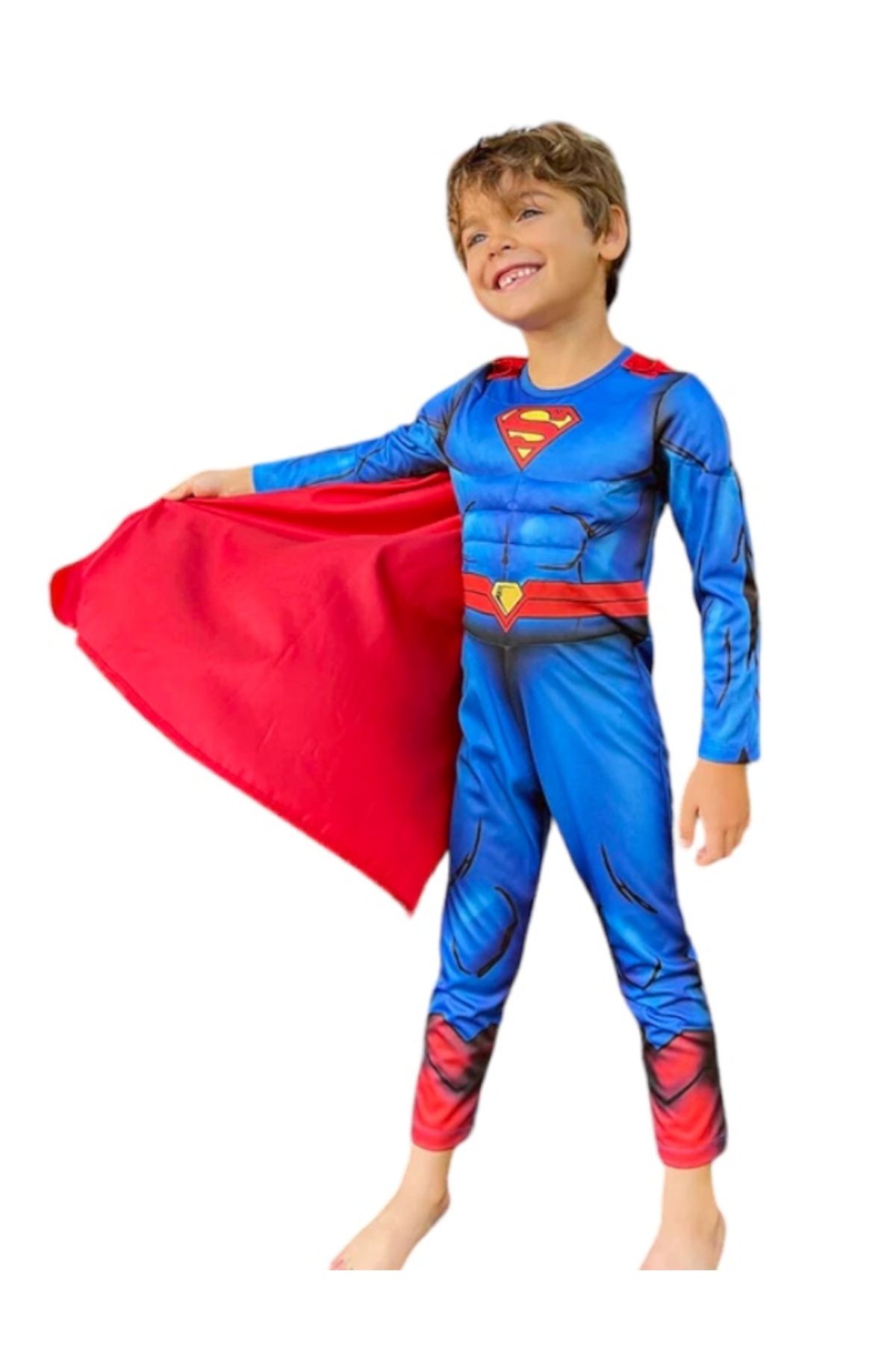Superman kostümü Süpermen kaslı uzun kollu cırt cırt takma pelerinli çocuk parti özel gün kıyafeti