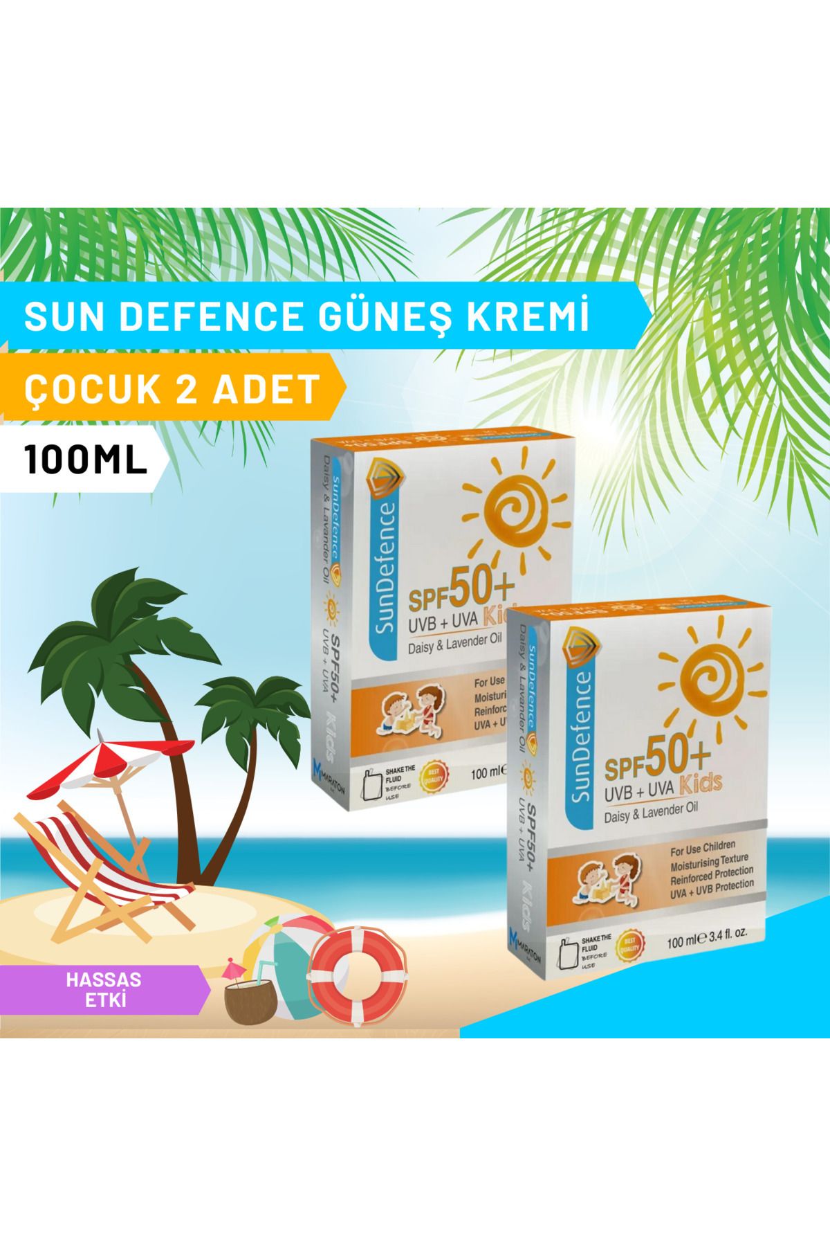 SunDefence Sun Defence Spf50+ Çocuk Güneş Kremi 100 Ml 2'li Paket - Papatya Ve Lavanta Yağlı