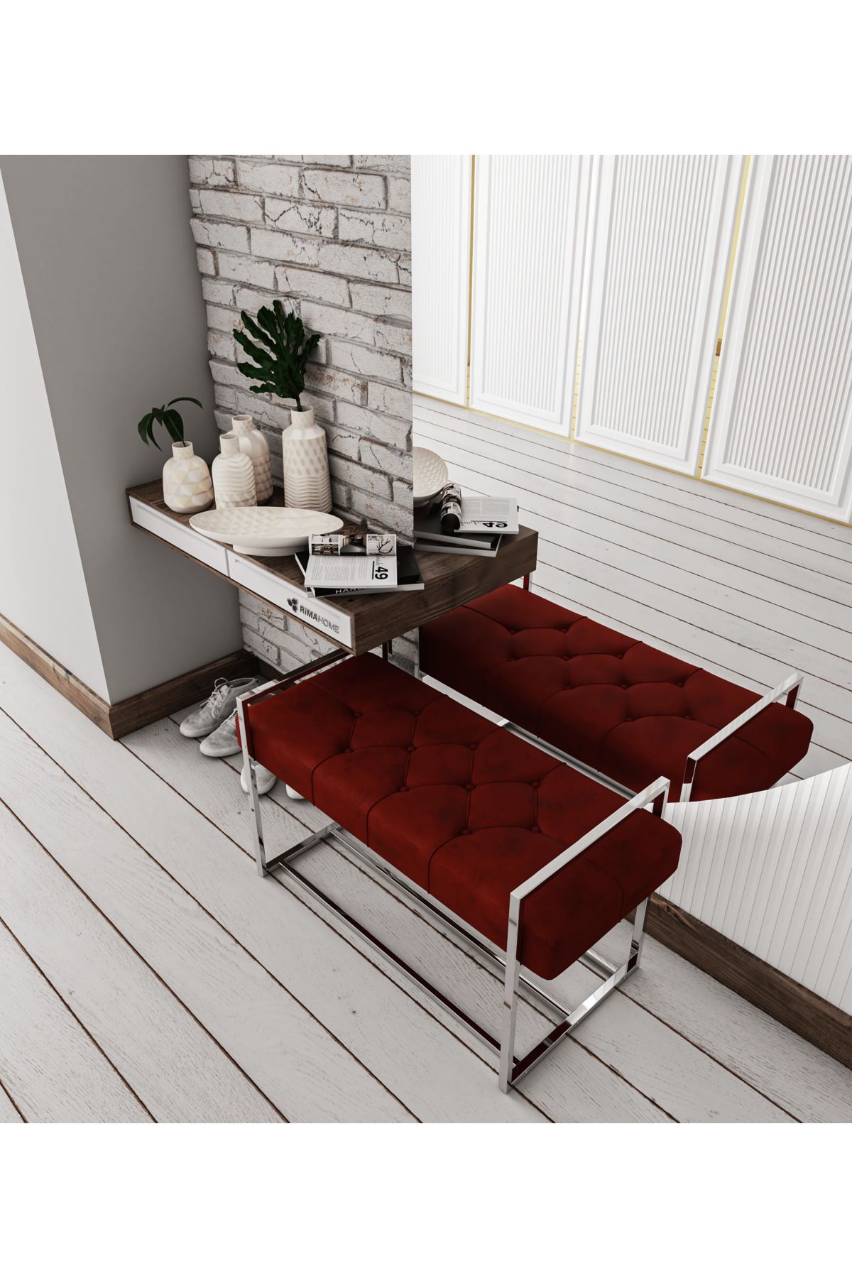 albemo Antre Bench, Puf, Gümüş Metal Ayaklı Bordo Puf