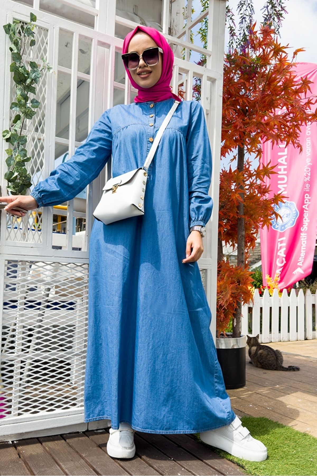 Bestenur Robalı Patlı Kot Elbise 763 - Açık Mavi