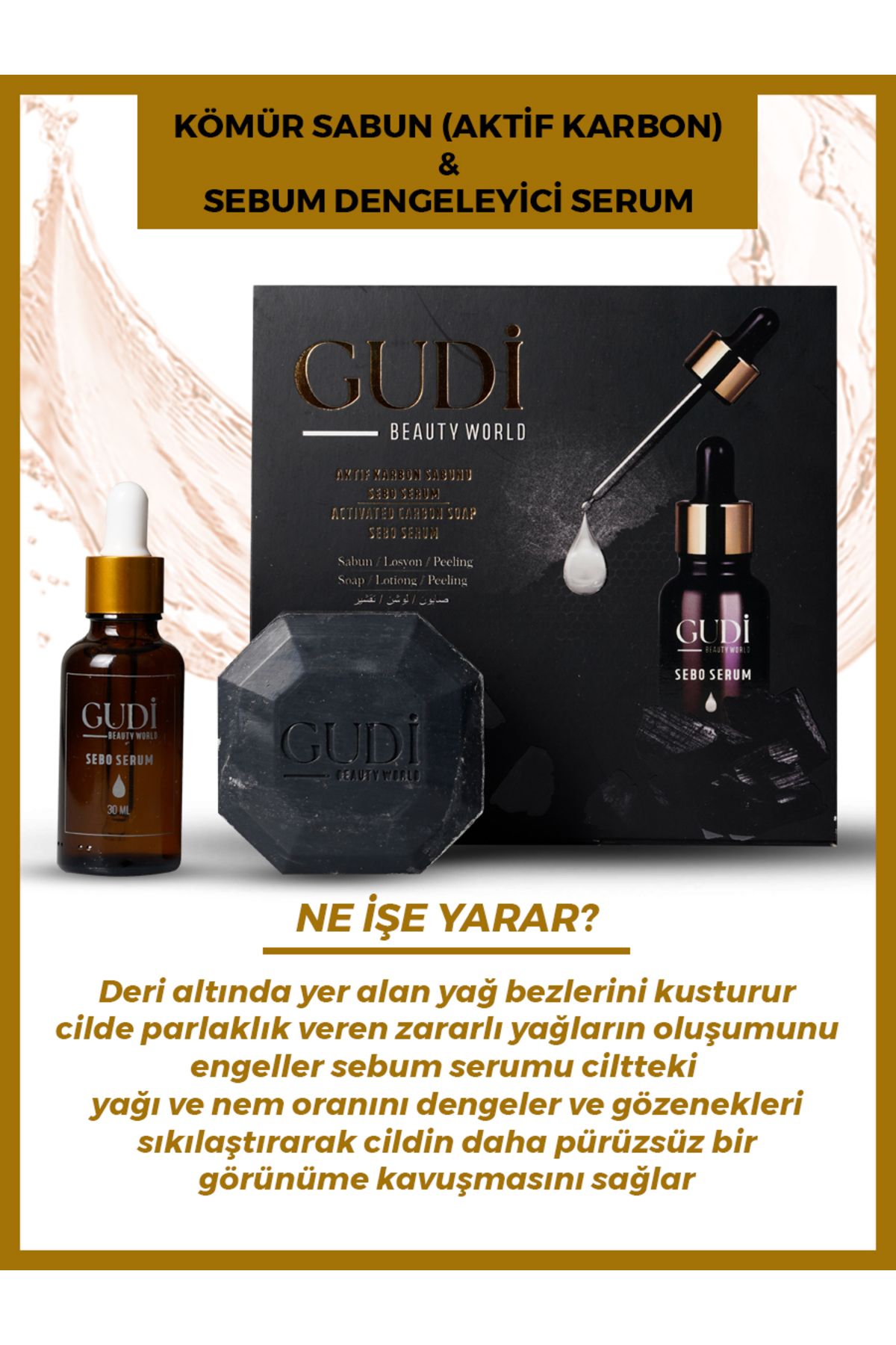 Gudi Aktif Kömür Sabunu 120 gr & Gözenek Sıkılaştırıcı,yağ Dengeleyici Sebo Serum 35 ml