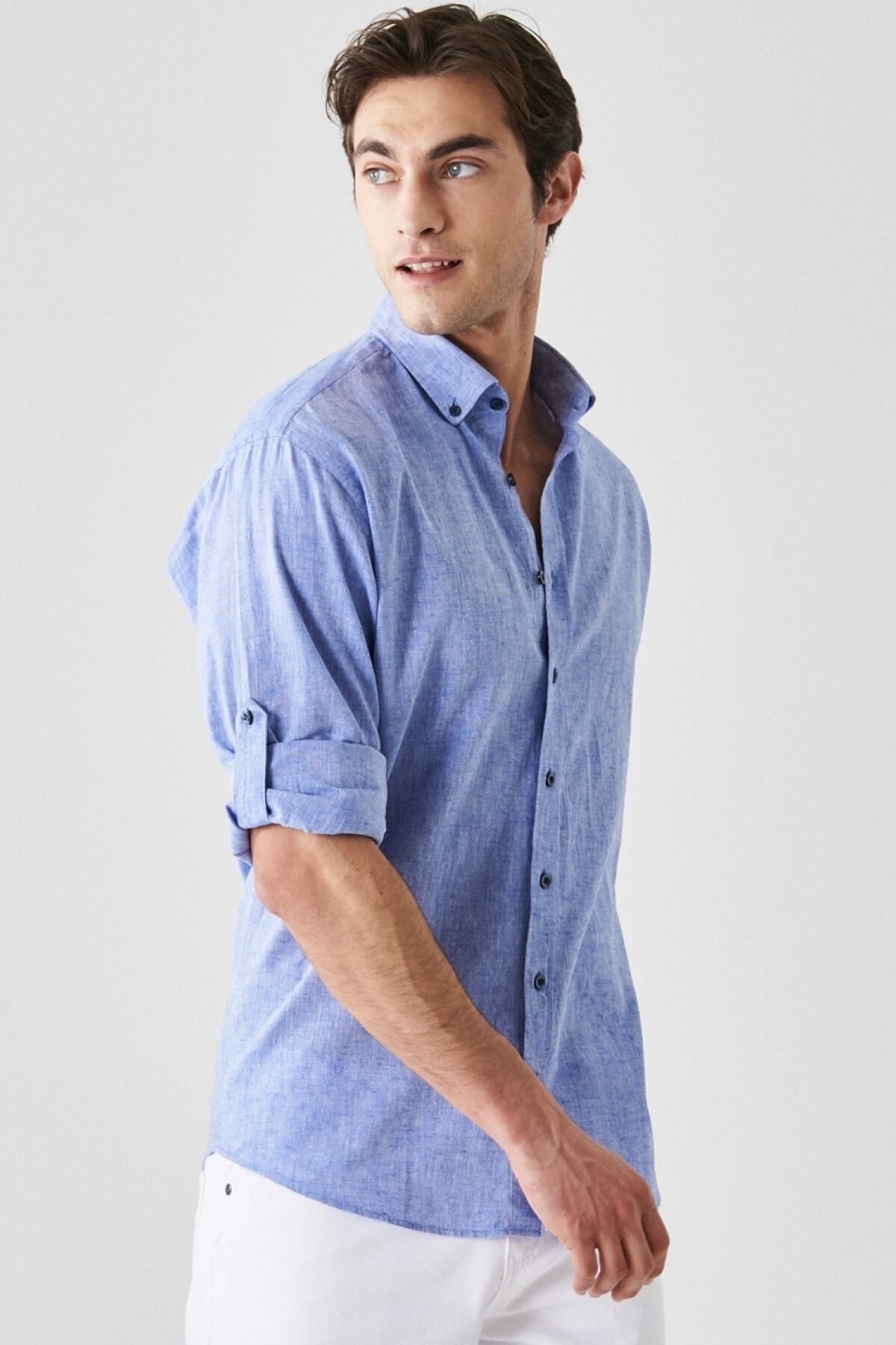 AC&Co / Altınyıldız Classics Erkek Saks Mavi Comfort Fit Rahat Kesim Keten Düğmeli Yaka Casual Gömlek