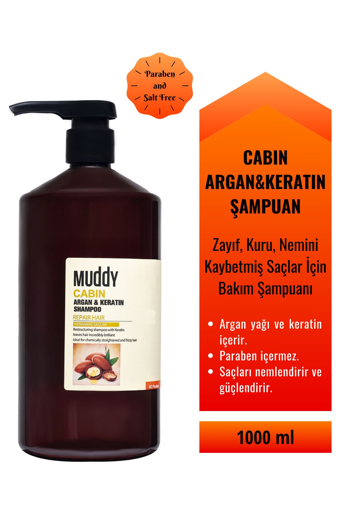 Muddy Zayıf Kuru Nemini Kaybetmiş Saçlara Cabın Argan&keratın Şampuan 1000 Ml