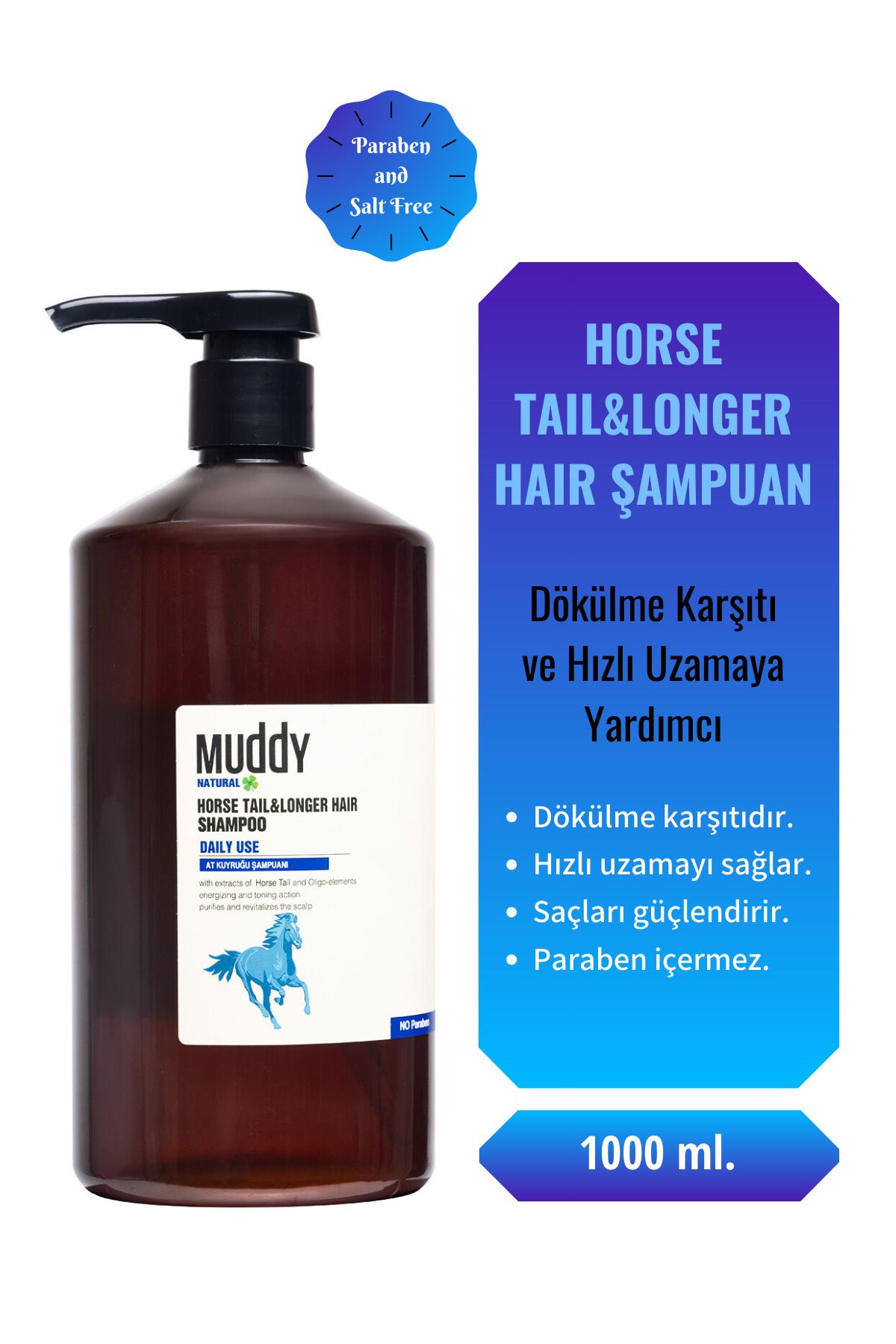 Muddy Natural Horse Taıl & Longer Haır Sağlıklı Uzayan Saçlar Için At Kuyruğu Şampuan 1000ml
