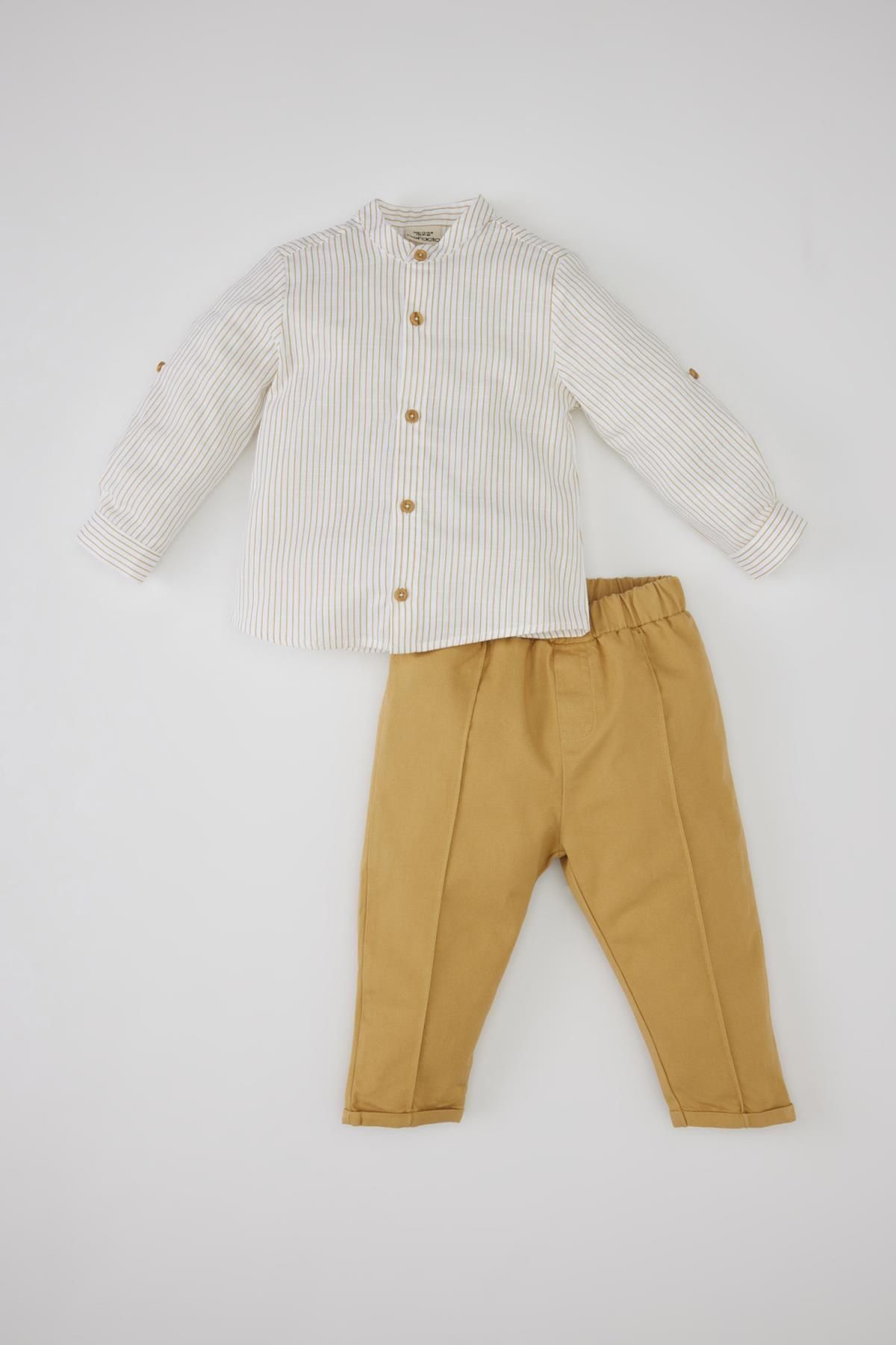 Defacto Erkek Bebek Çizgili Flamlı Poplin Uzun Kollu Gömlek Pantolon 2'li Takım B9264a524sp