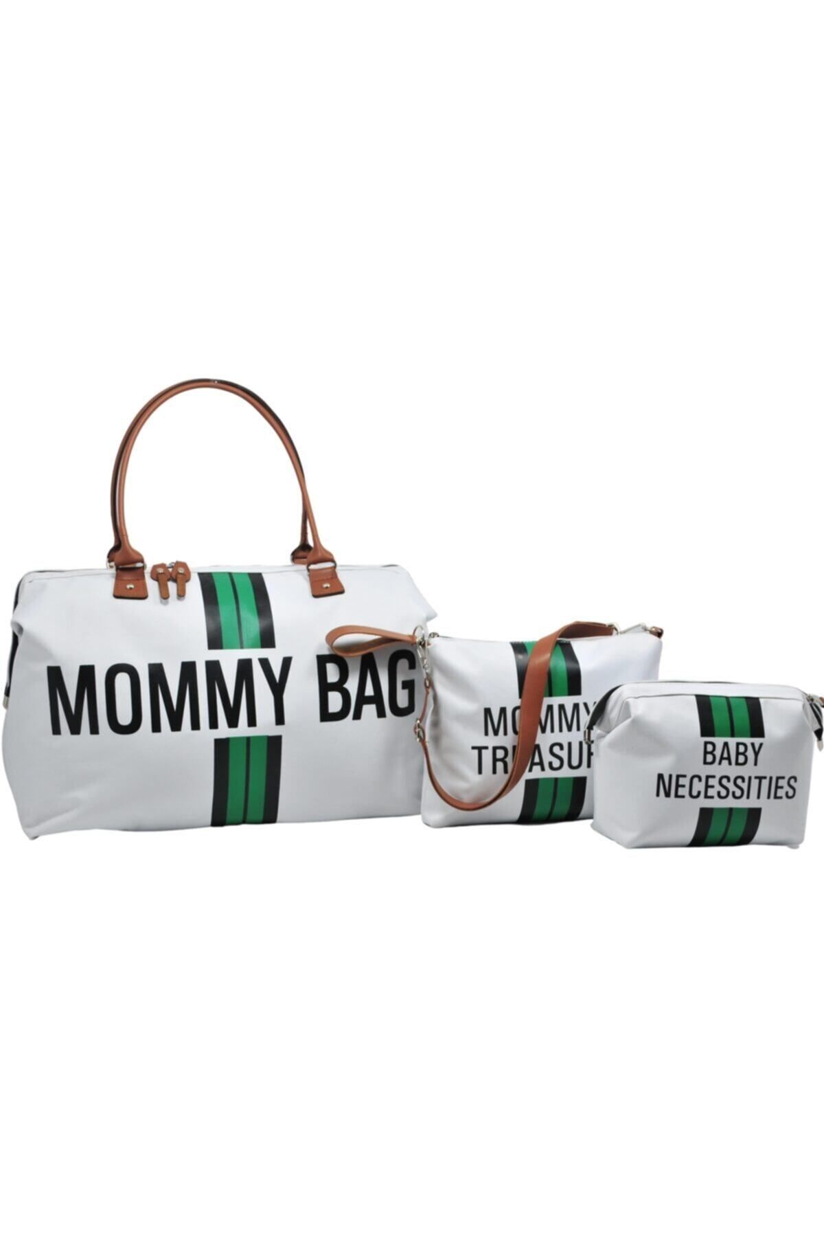 Babysi Mommy Bag Tasarım Çizgili 3 Lü Set Beyaz Baby Anne Bebek Bakım Ve Kadın Çantası