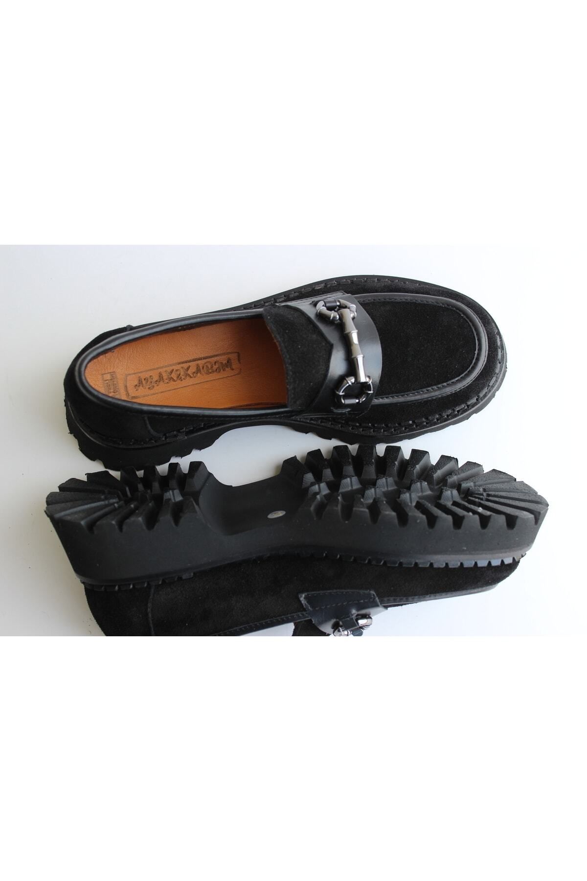 AYAK&KABIM Hakiki Deri Siyah Günlük Kadın Ayakkabı Loafer Makosen Deri Tokalı Günlük Aykkbm2515