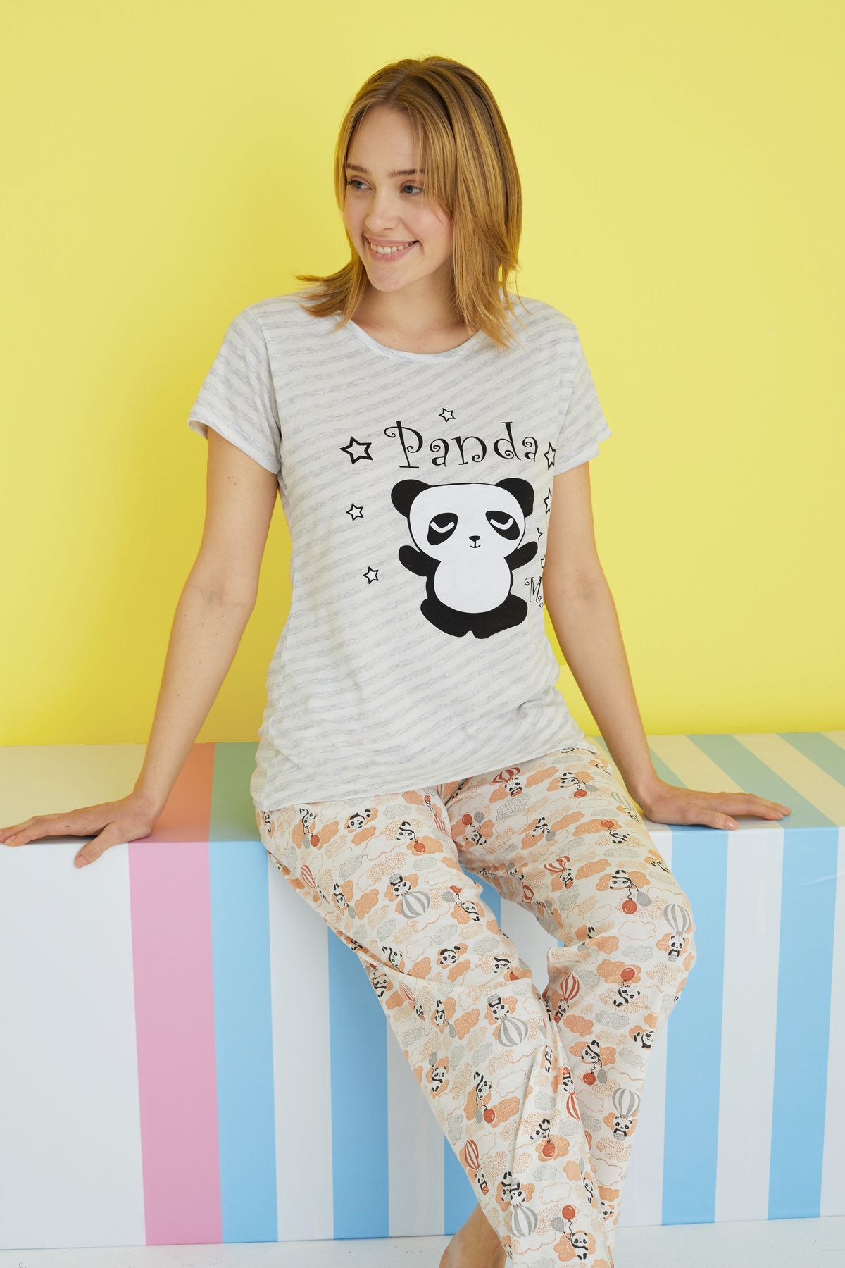 Siyah İnci çizgili panda desenli Örme Pijama Takımı